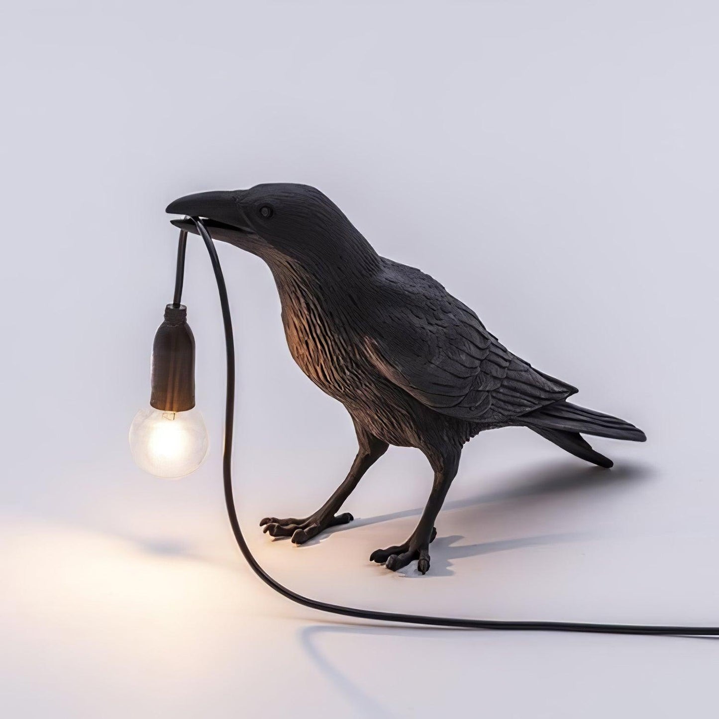 Raven Table Lamp | Resin Sculpture with Edison Bulb | Black and White