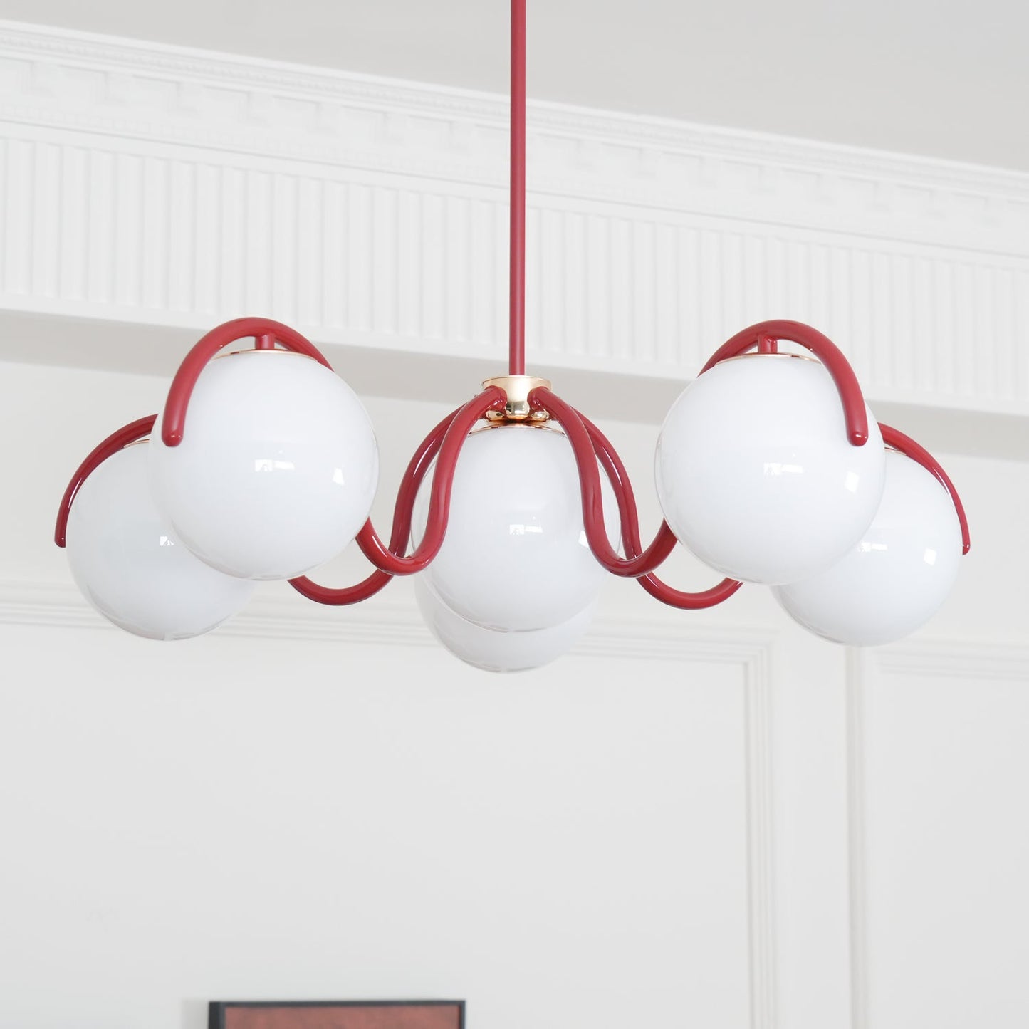 Reedway Linear Chandelier | Metal Frame | 6 White Glass Globes