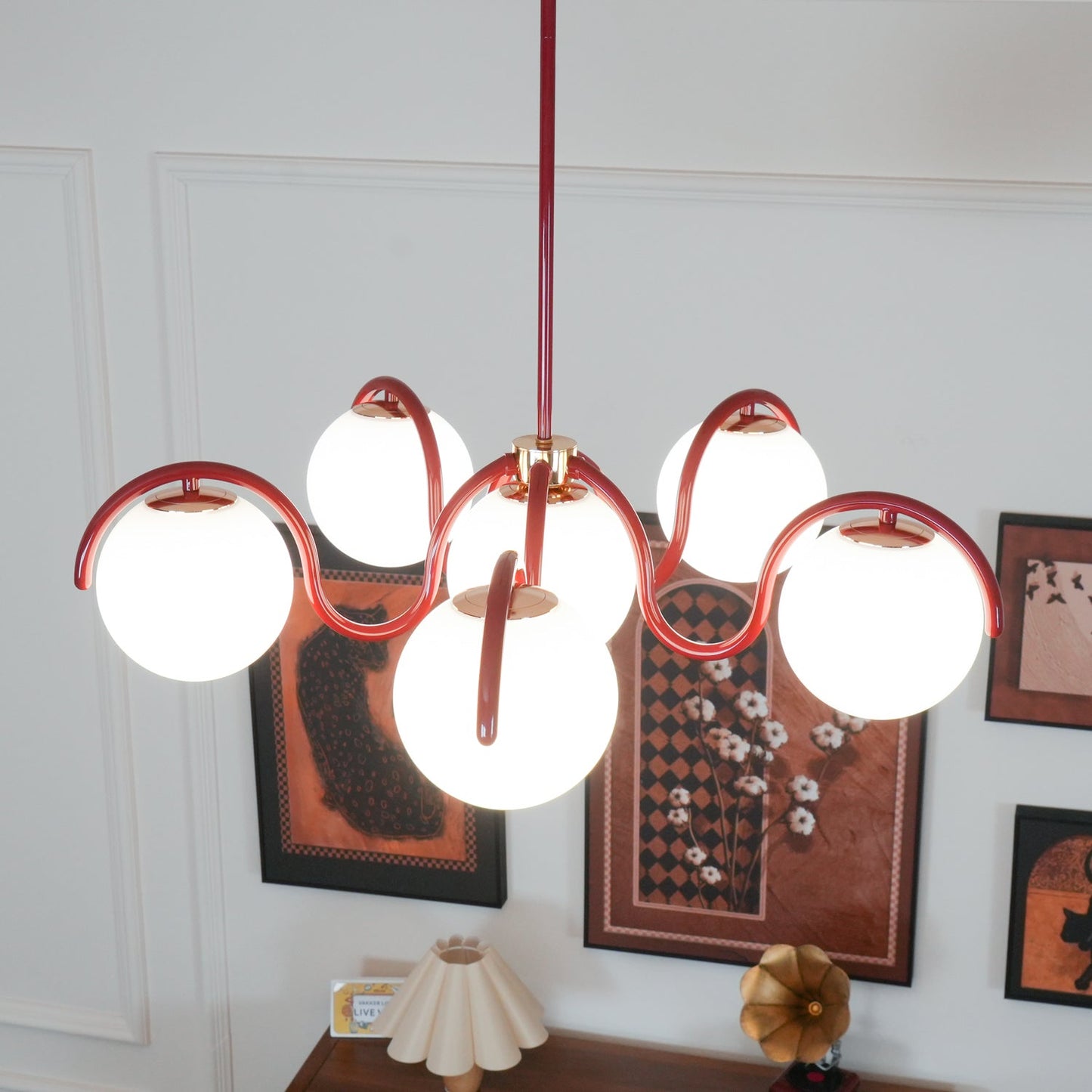 Reedway Linear Chandelier | Metal Frame | 6 White Glass Globes