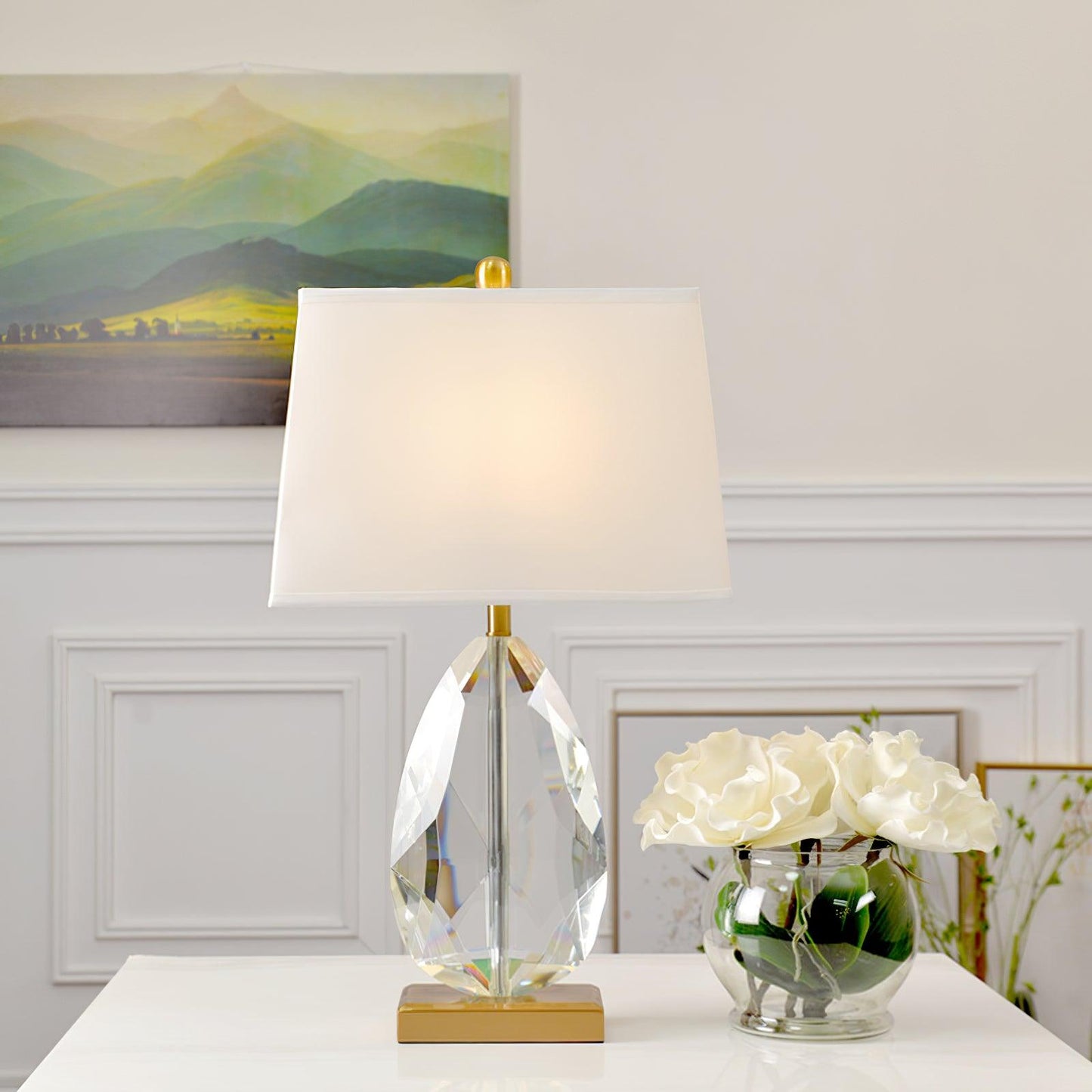 Regal Table Lamp | Metal & Crystal | Gold with White Shade