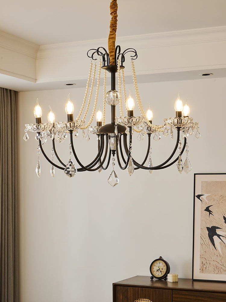 Crystal Chandelier | Metal & Glass with Pearls | 6 or 8 Lights, Black