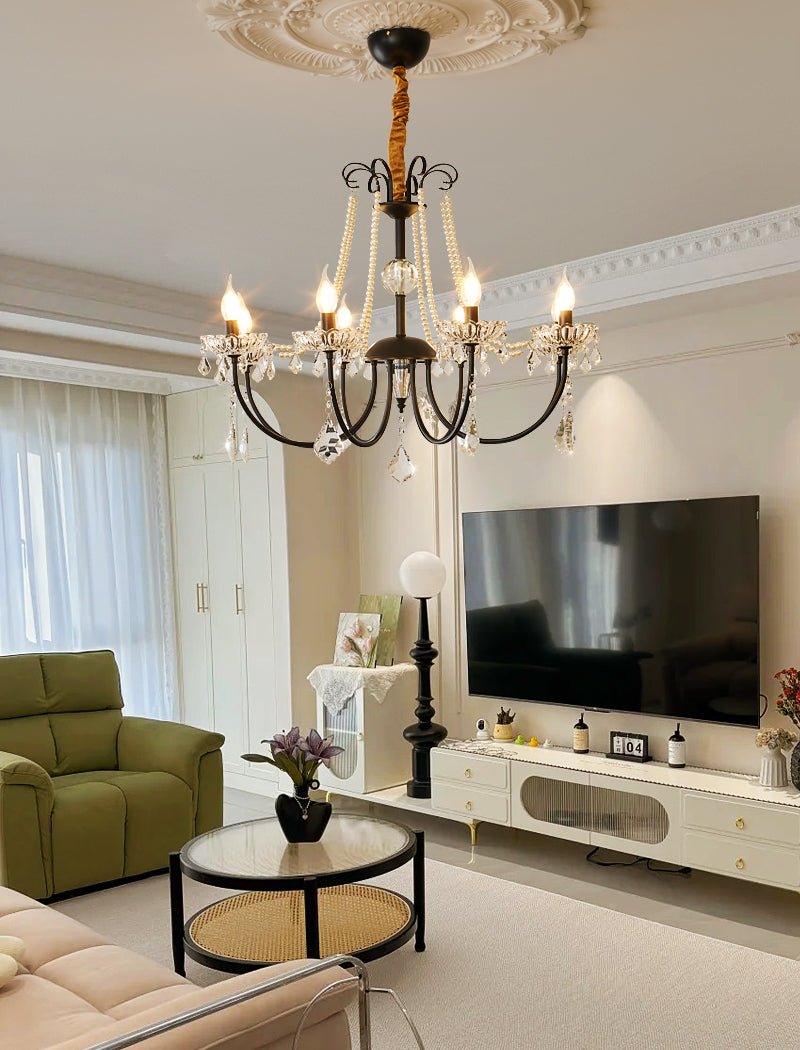 Crystal Chandelier | Metal & Glass with Pearls | 6 or 8 Lights, Black