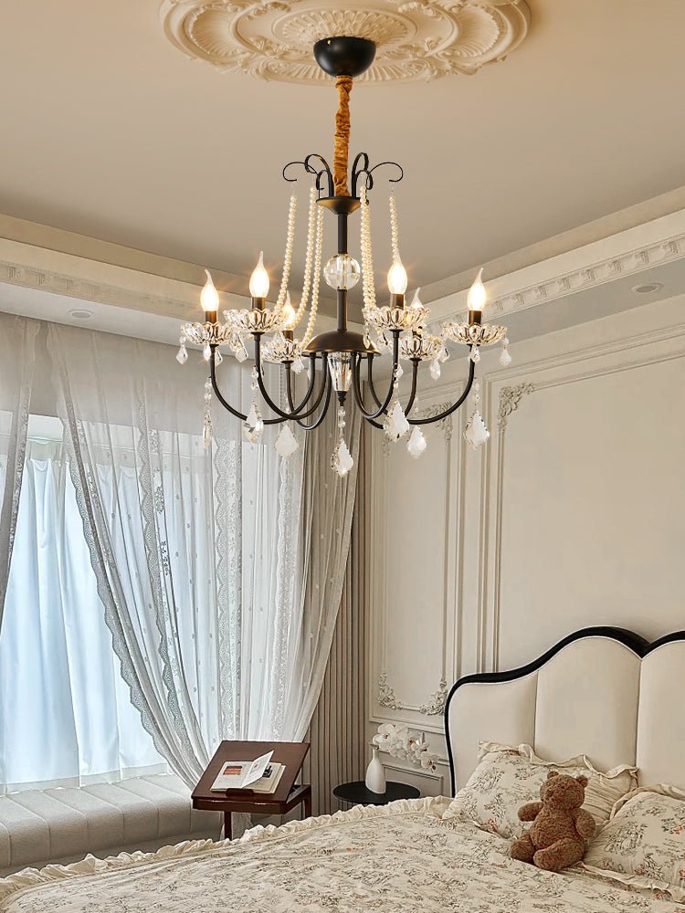 Crystal Chandelier | Metal & Glass with Pearls | 6 or 8 Lights, Black