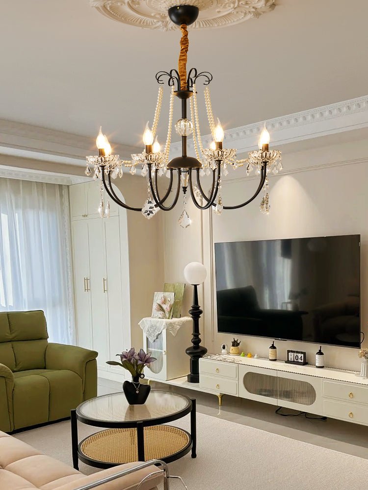 Crystal Chandelier | Metal & Glass with Pearls | 6 or 8 Lights, Black