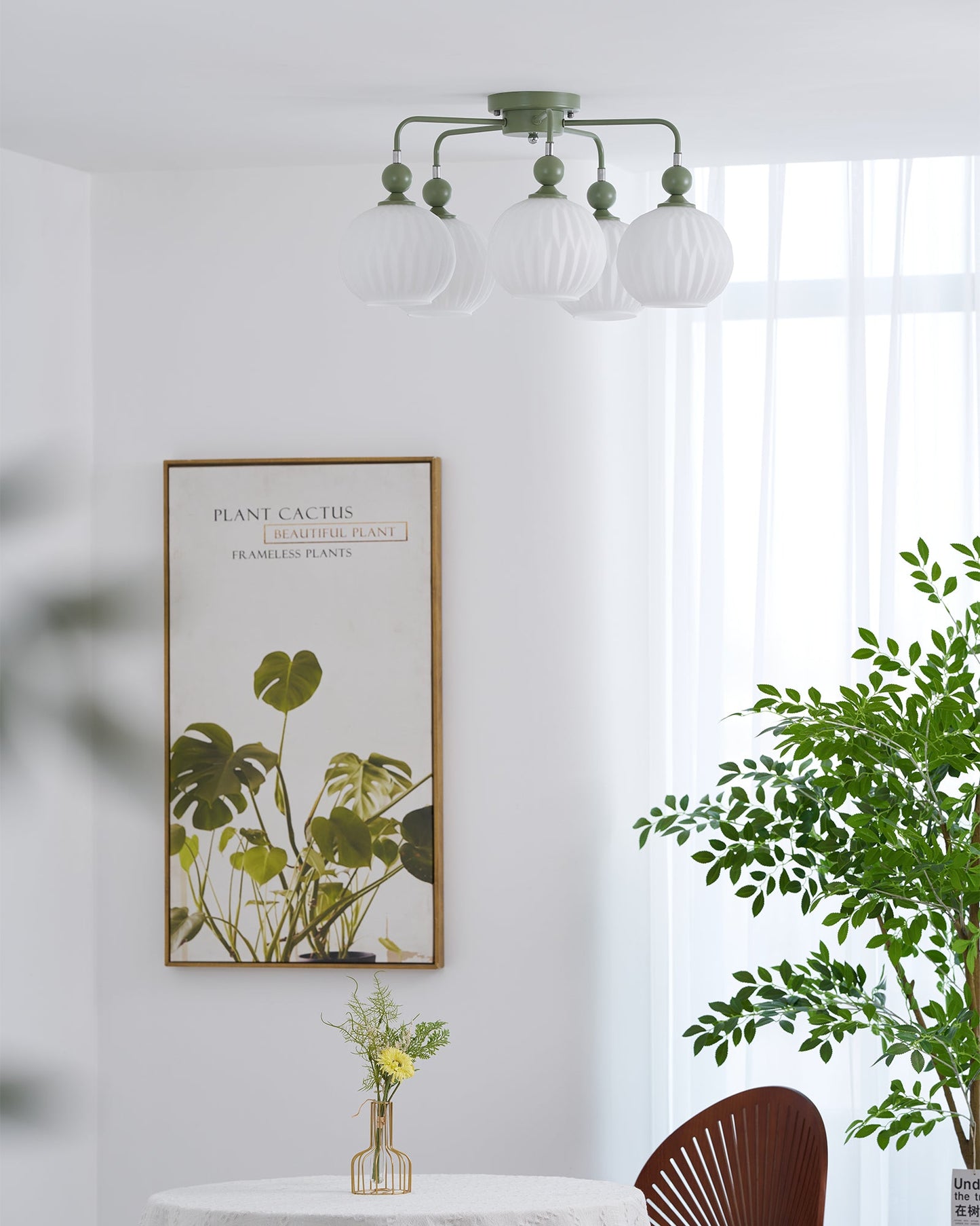 Renee Ceiling Light | Green Metal & White Glass | 4, 5, or 8 Heads