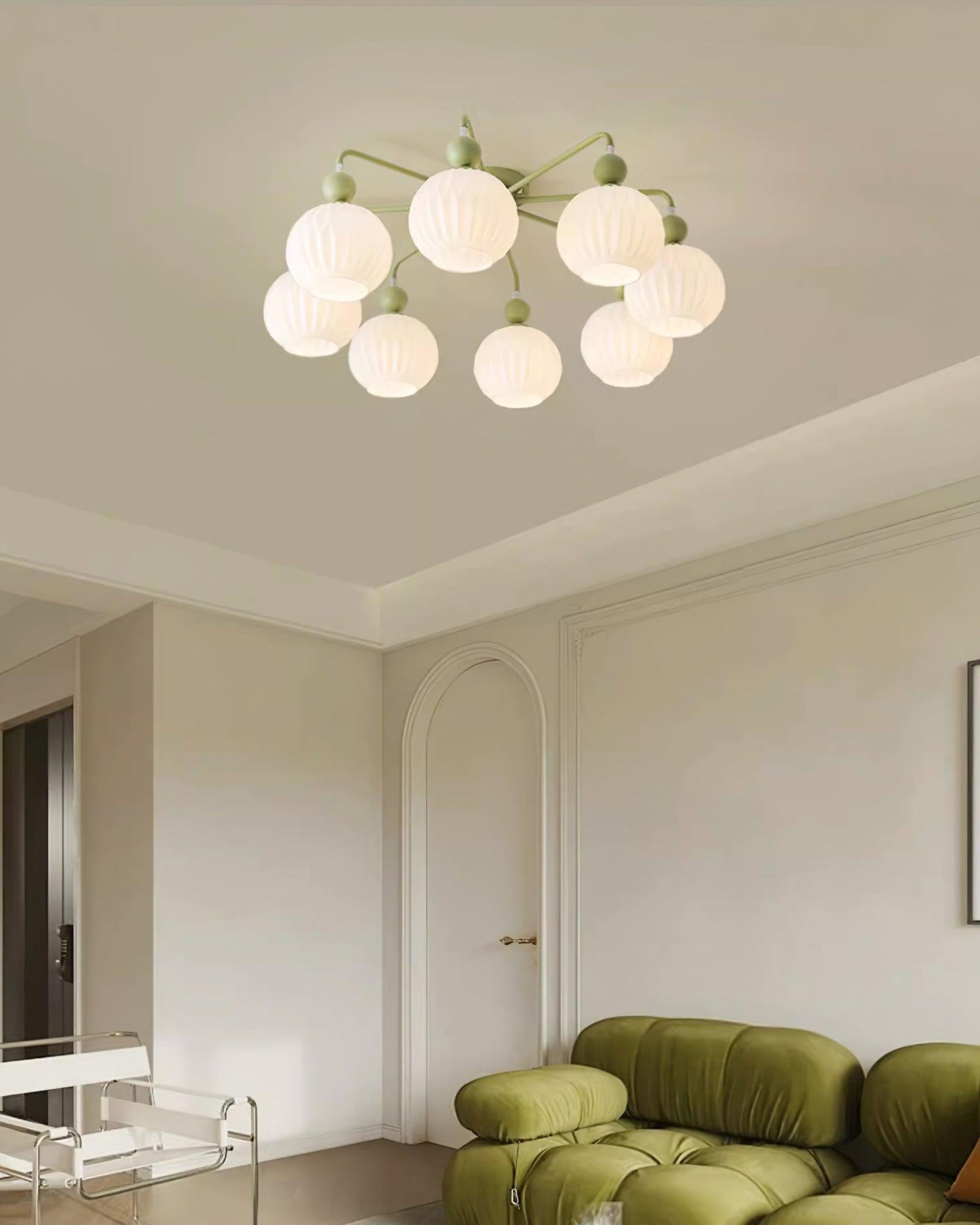 Renee Ceiling Light | Green Metal & White Glass | 4, 5, or 8 Heads