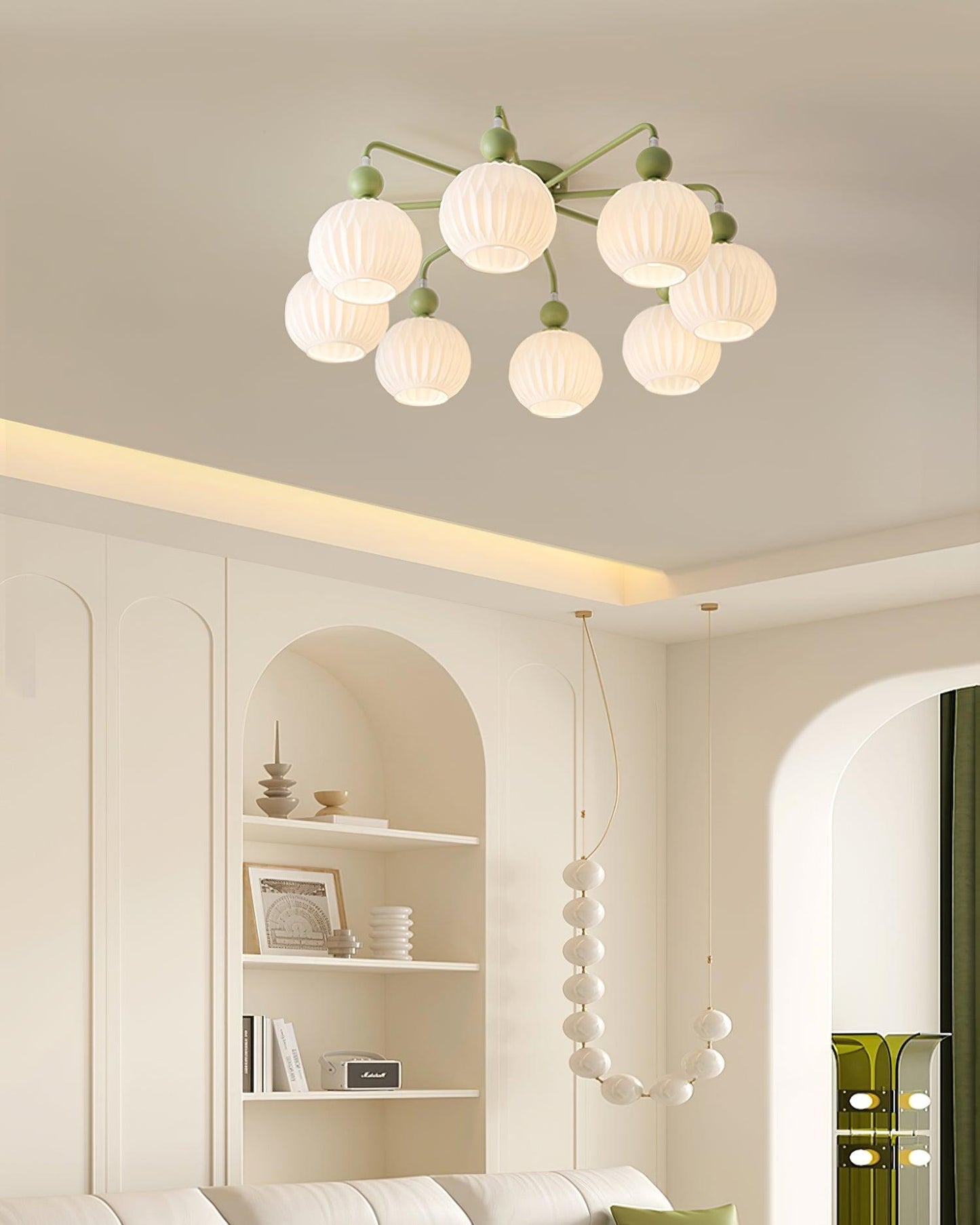 Renee Ceiling Light | Green Metal & White Glass | 4, 5, or 8 Heads