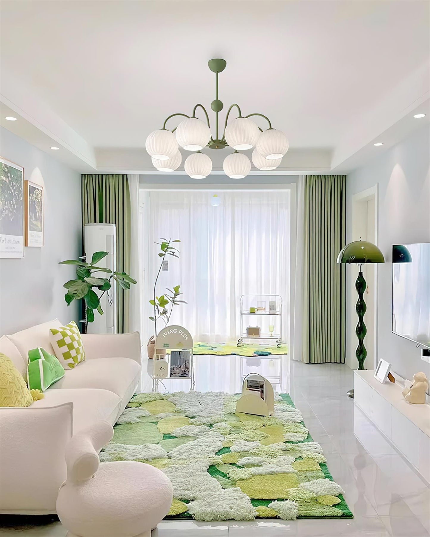 Renee Chandelier | Green Metal Frame & White Glass Shades | 3, 5, or 8 Lights