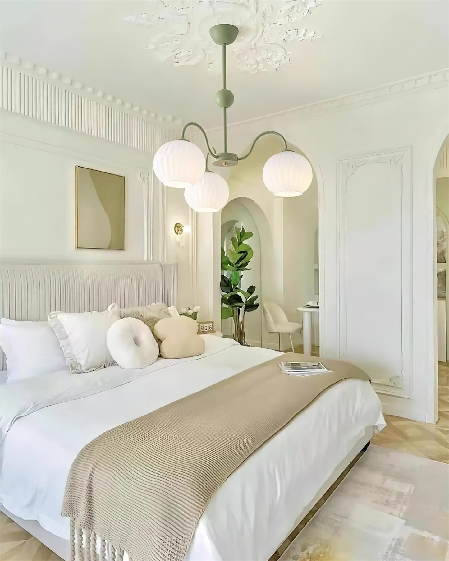 Renee Chandelier | Green Metal Frame & White Glass Shades | 3, 5, or 8 Lights