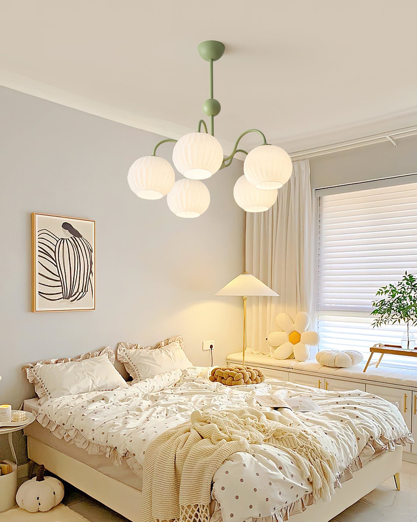 Renee Chandelier | Green Metal Frame & White Glass Shades | 3, 5, or 8 Lights