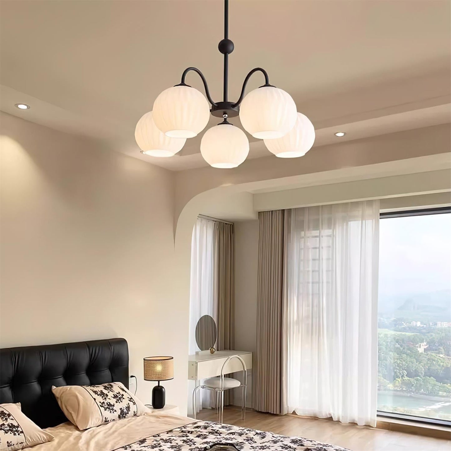 Renee Chandelier | Green Metal Frame & White Glass Shades | 3, 5, or 8 Lights