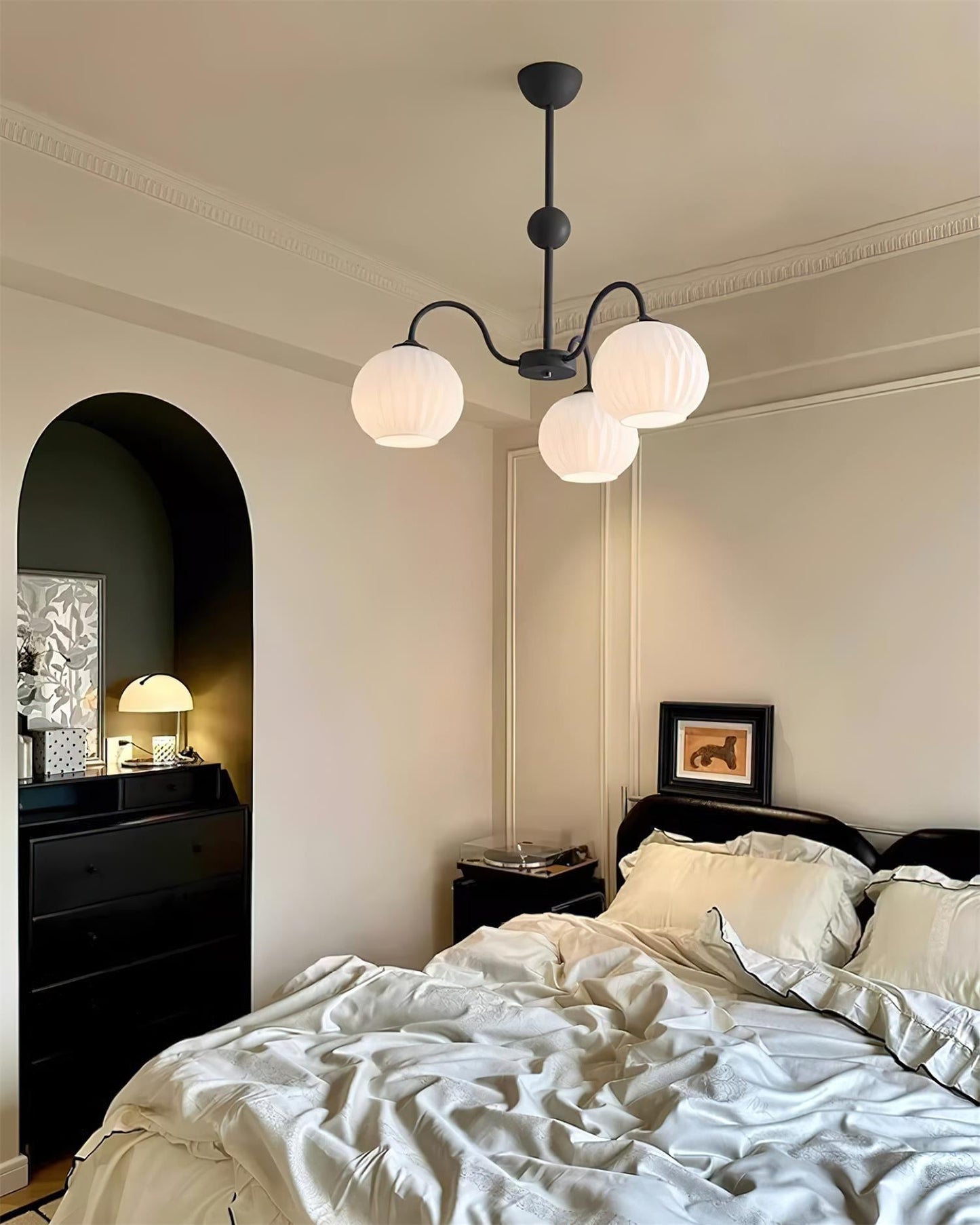 Renee Chandelier | Green Metal Frame & White Glass Shades | 3, 5, or 8 Lights