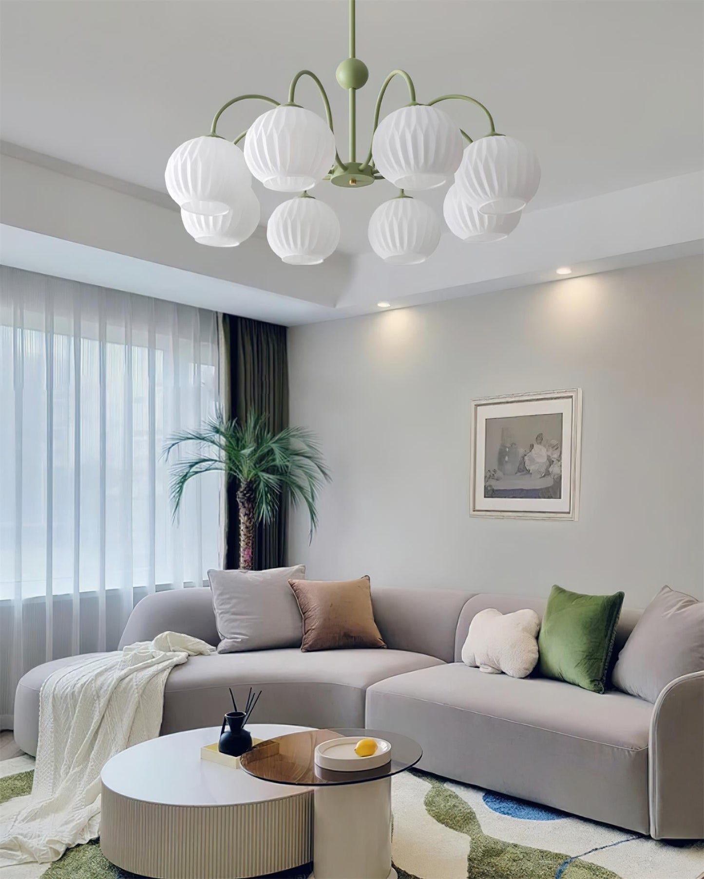 Renee Chandelier | Green Metal Frame & White Glass Shades | 3, 5, or 8 Lights