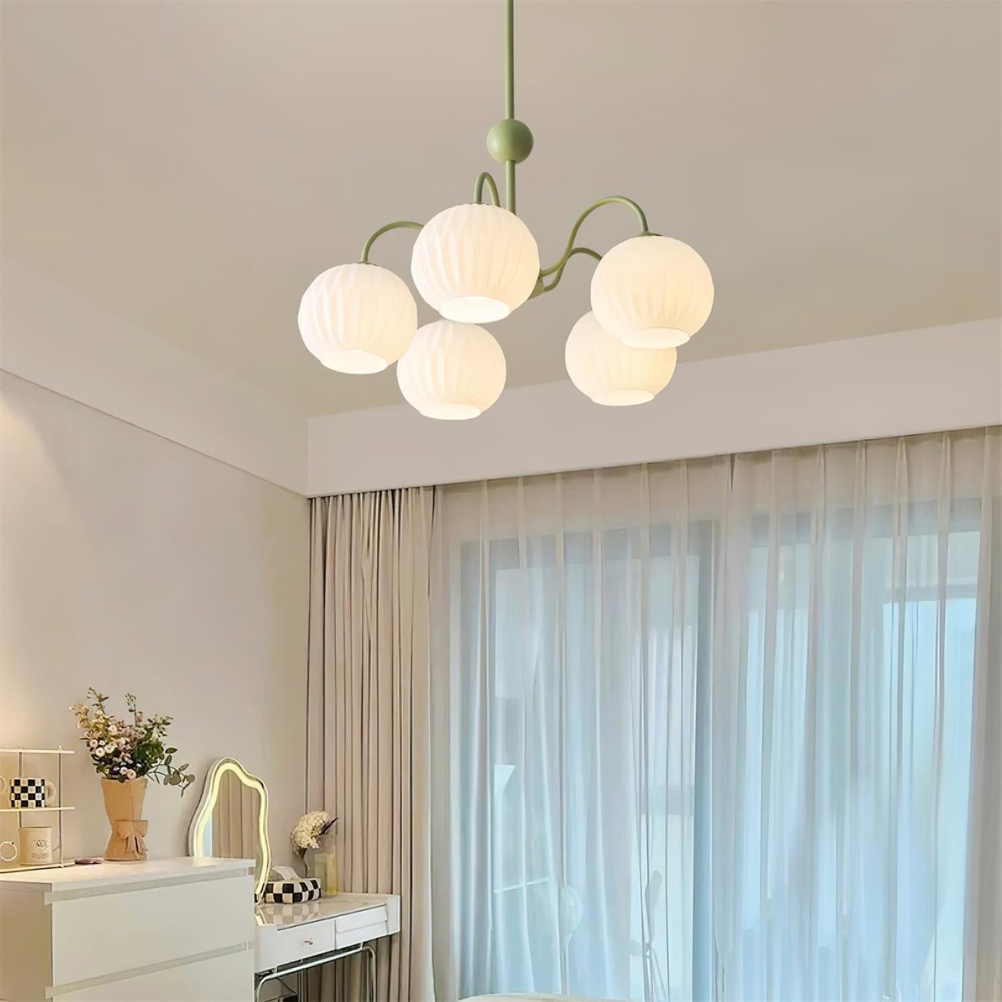 Renee Chandelier | Green Metal Frame & White Glass Shades | 3, 5, or 8 Lights