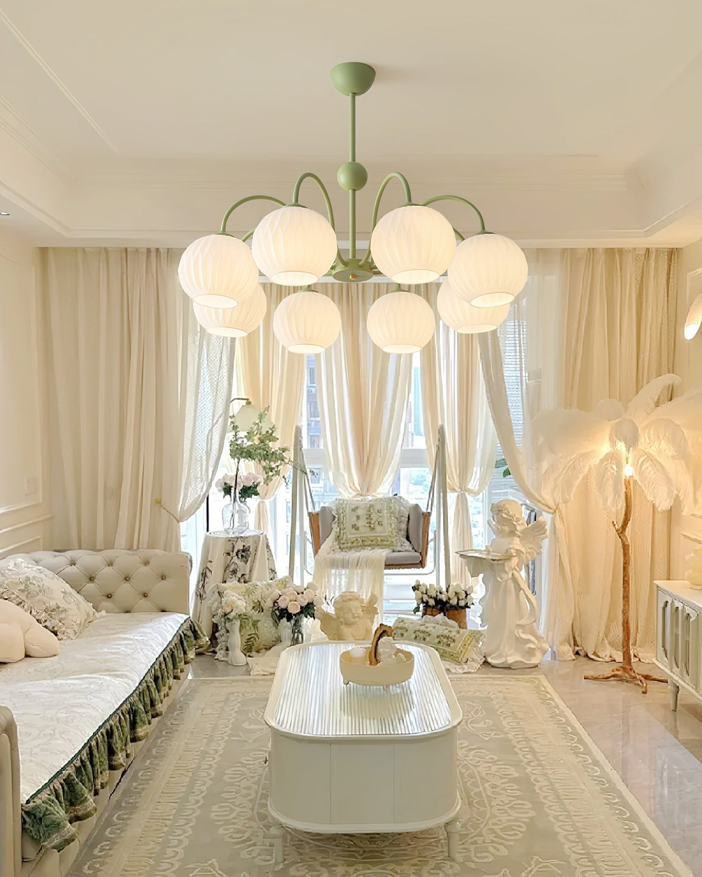 Renee Chandelier | Green Metal Frame & White Glass Shades | 3, 5, or 8 Lights