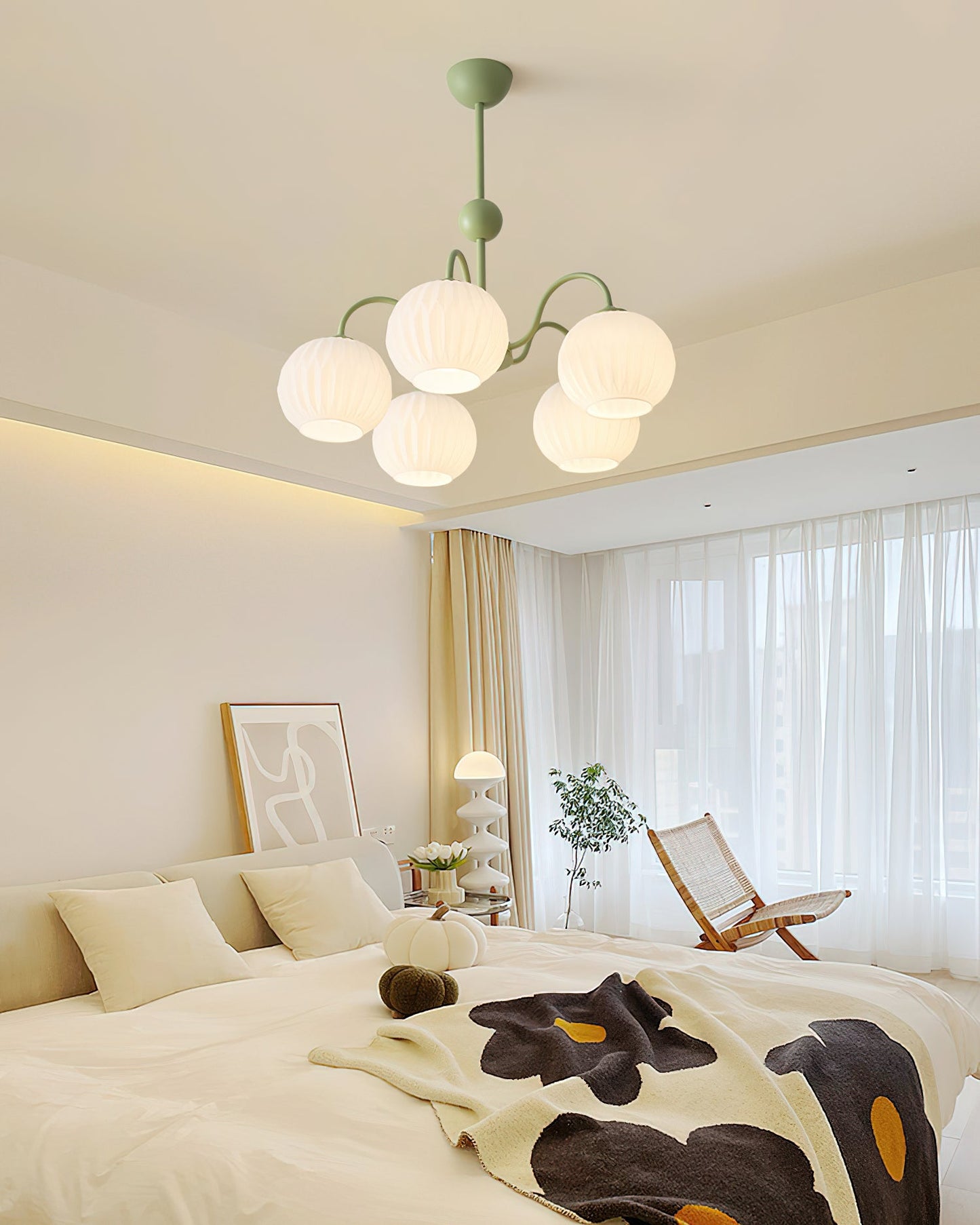 Renee Chandelier | Green Metal Frame & White Glass Shades | 3, 5, or 8 Lights