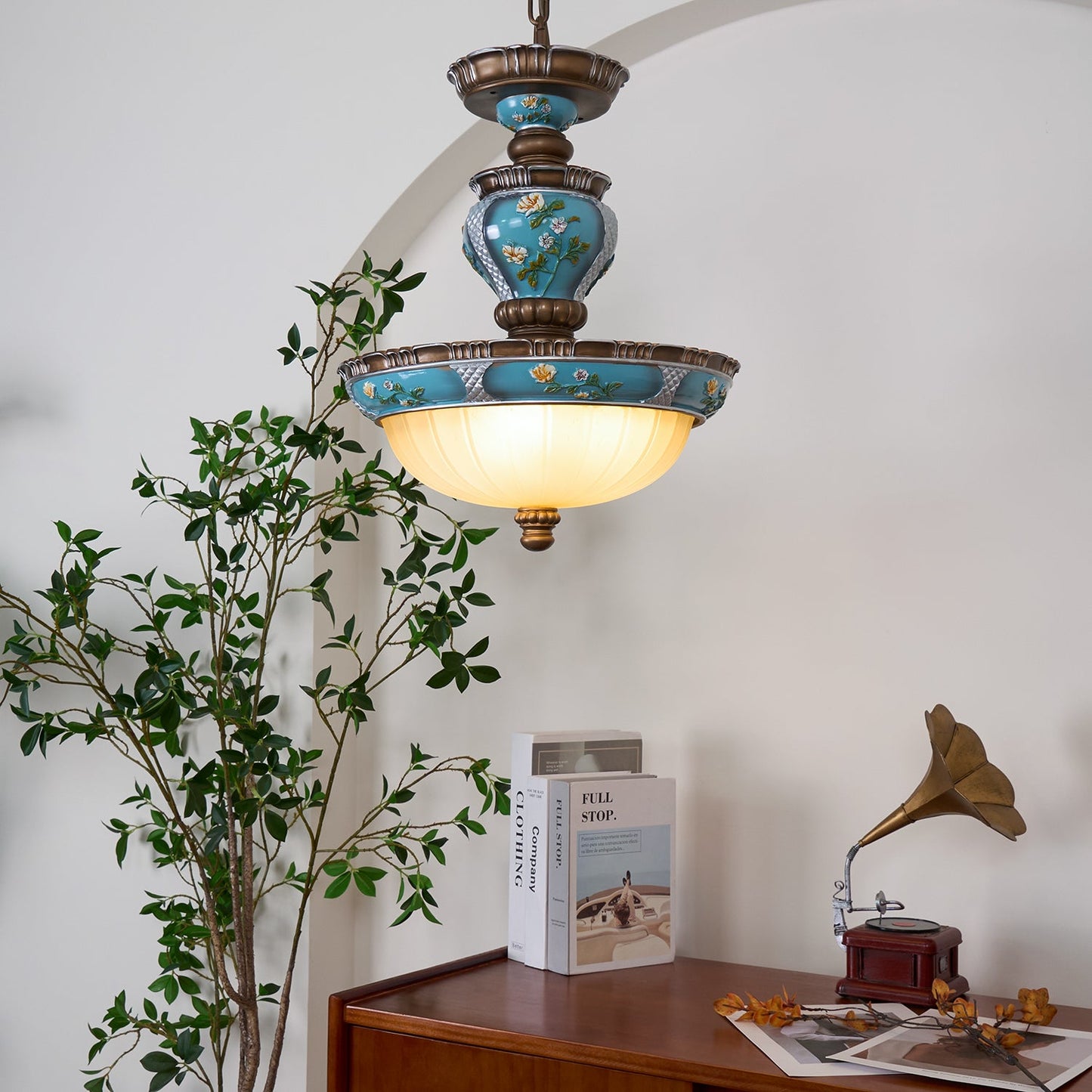 Retro Floral Ceiling Light | Resin & Glass | Blue and White