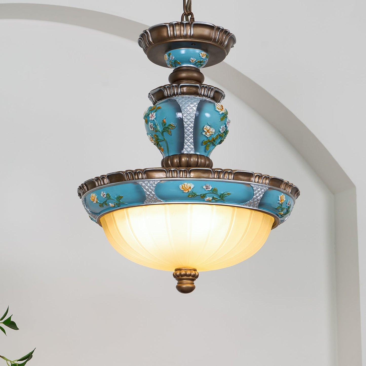 Retro Floral Ceiling Light | Resin & Glass | Blue and White