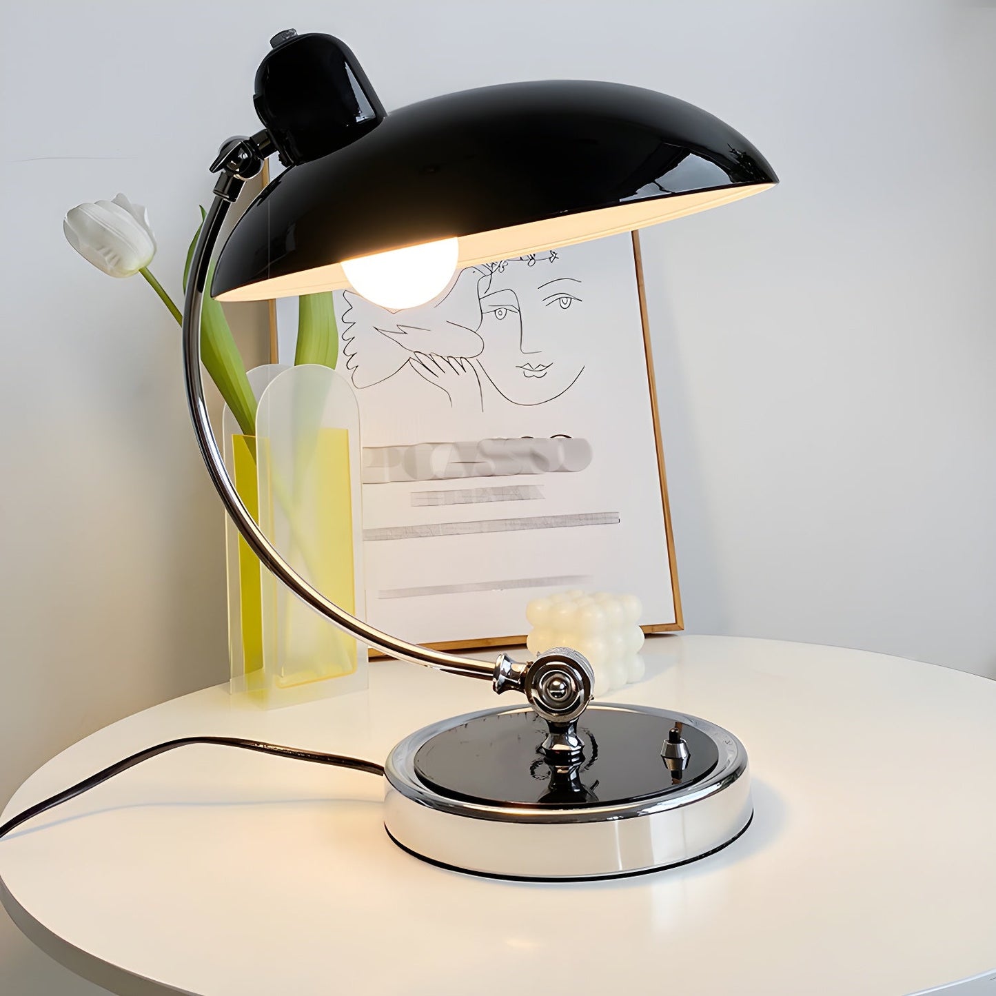 Retro Curve Desk Lamp | Frosted Glass & Chrome | 28cm Diameter