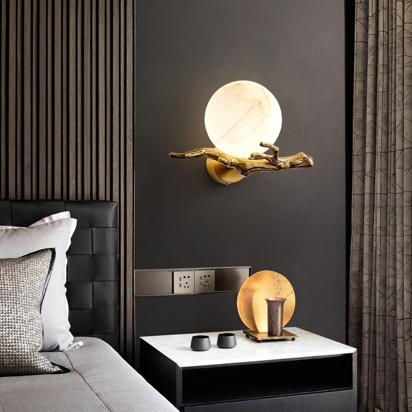 Retro Brass Wall Sconce | Gold Finish with Marble Shade | Set of 2