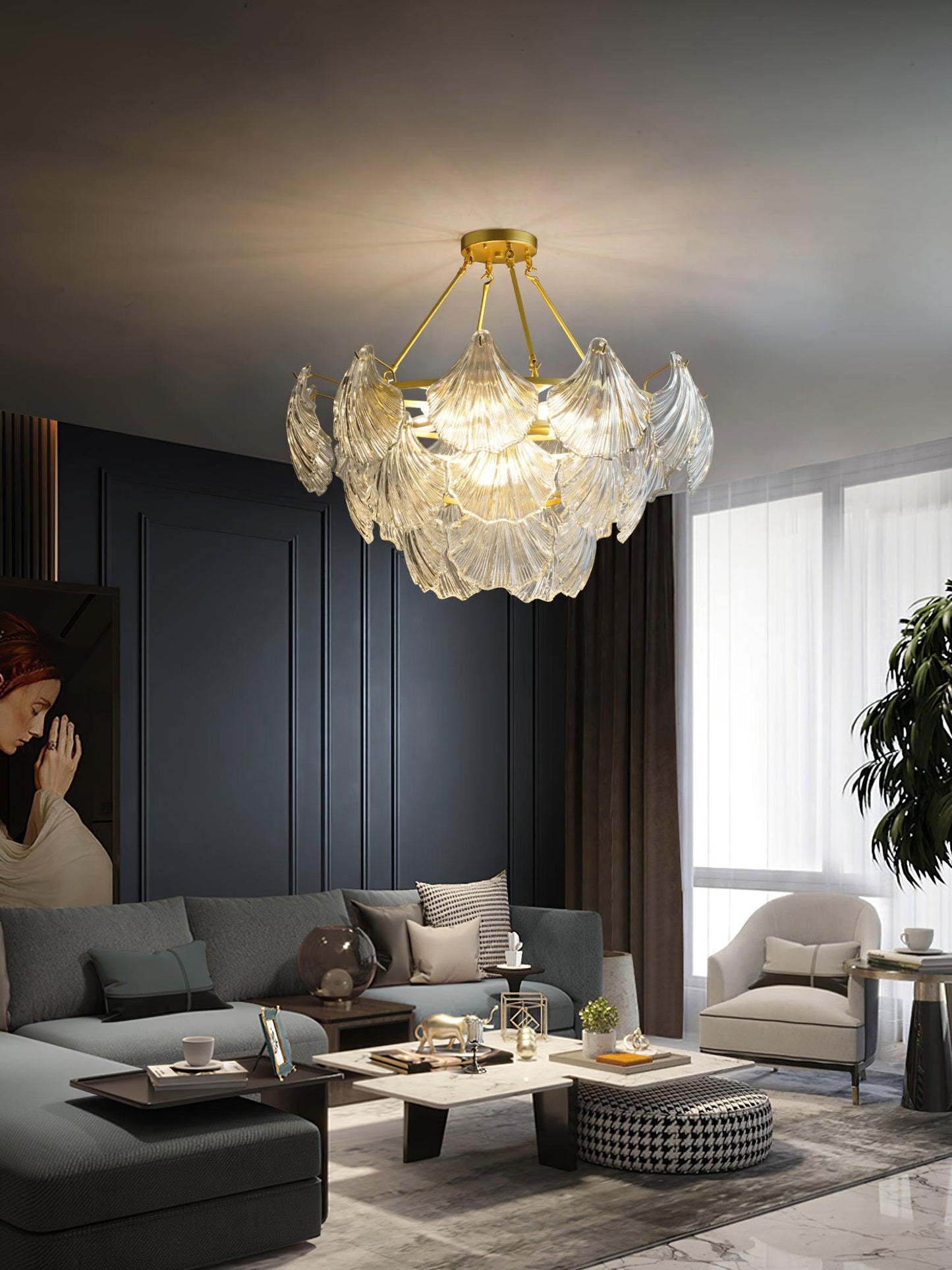 Ribbed Shell Ceiling Light | Glass & Brass | 60cm or 80cm Diameter