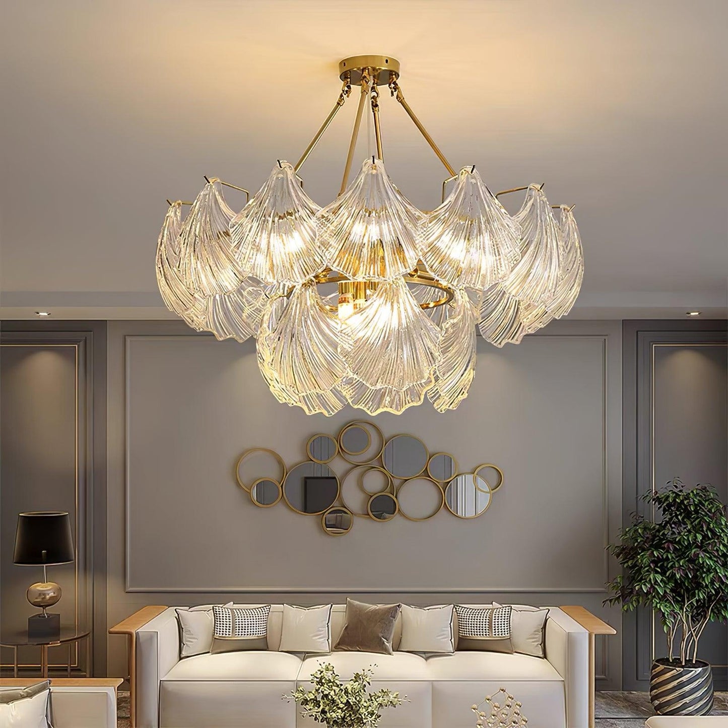Ribbed Shell Ceiling Light | Glass & Brass | 60cm or 80cm Diameter
