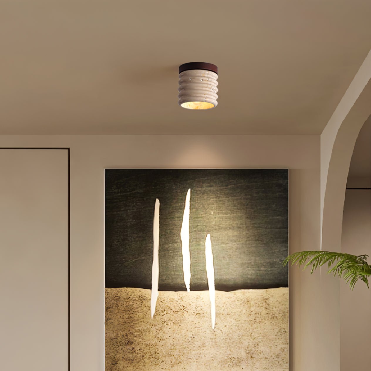 Ridge Artisan Ceiling Lamp | Yellow Travertine & Walnut Finish | 12cm Diameter