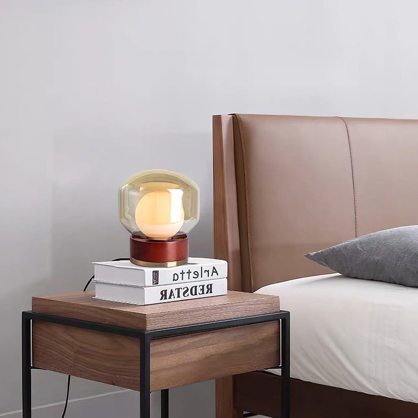 Rigel Table Lamp | Metal & Wood | Wine Red & Amber Shade