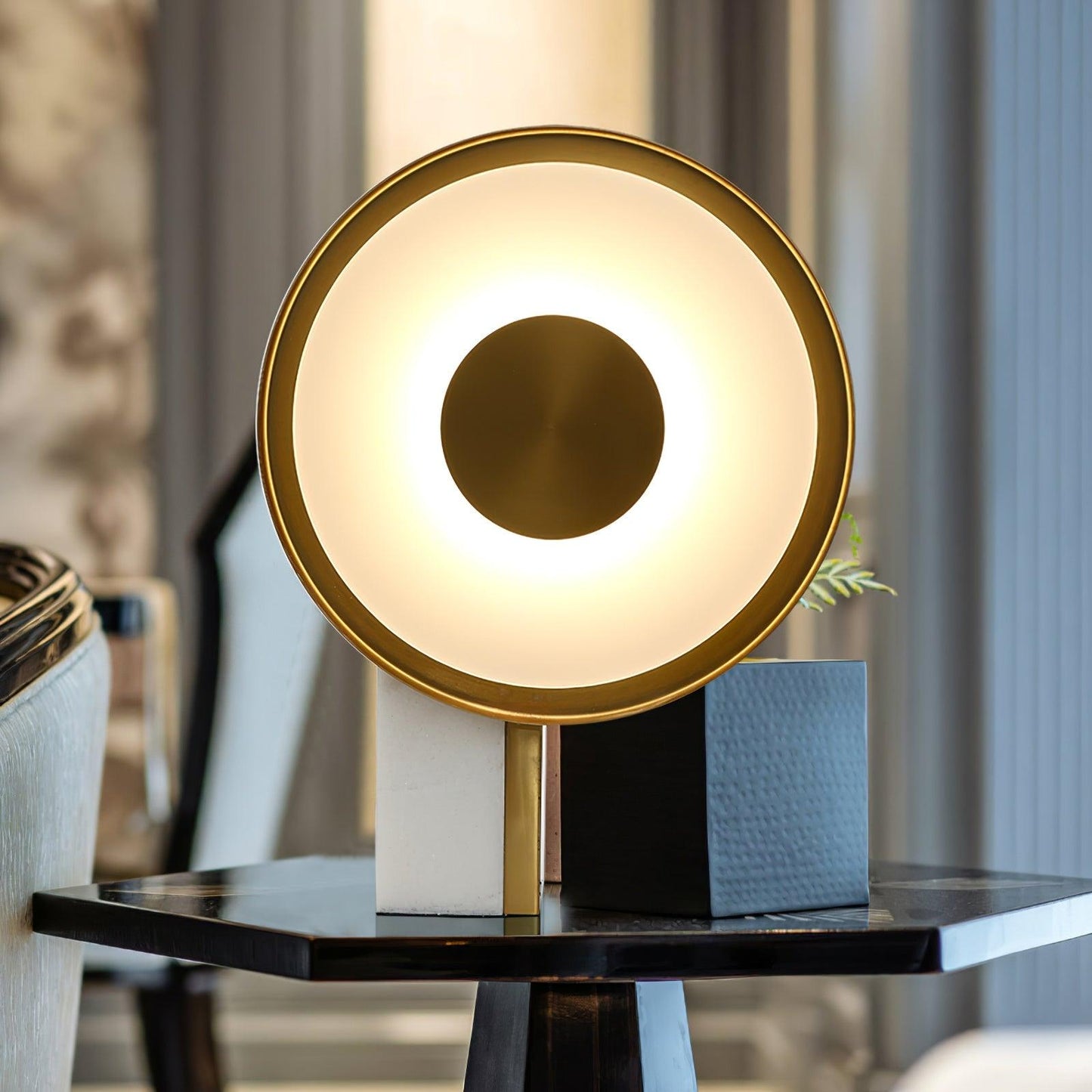 Roche Bobois Table Lamp | White Marble & Gold Finish | 33cm Diameter