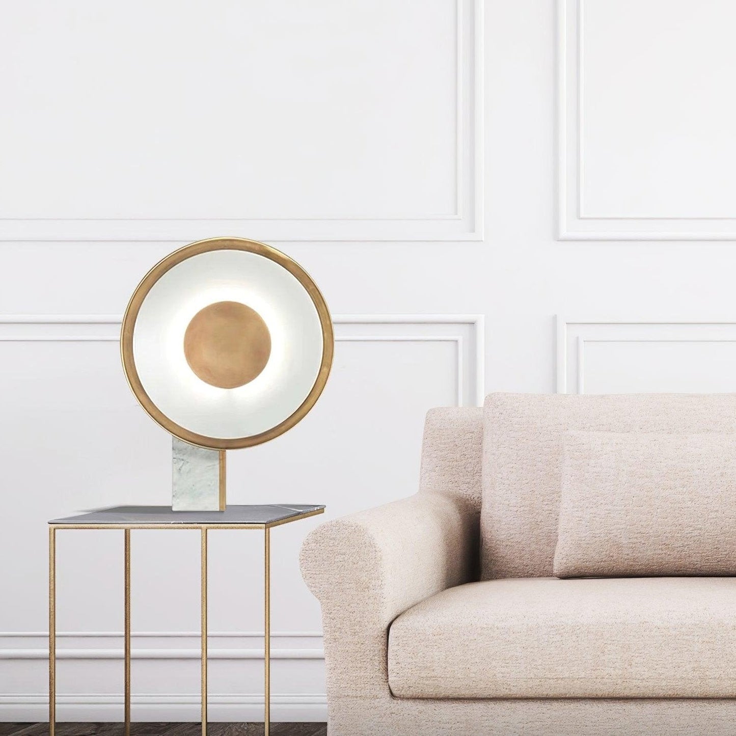 Roche Bobois Table Lamp | White Marble & Gold Finish | 33cm Diameter