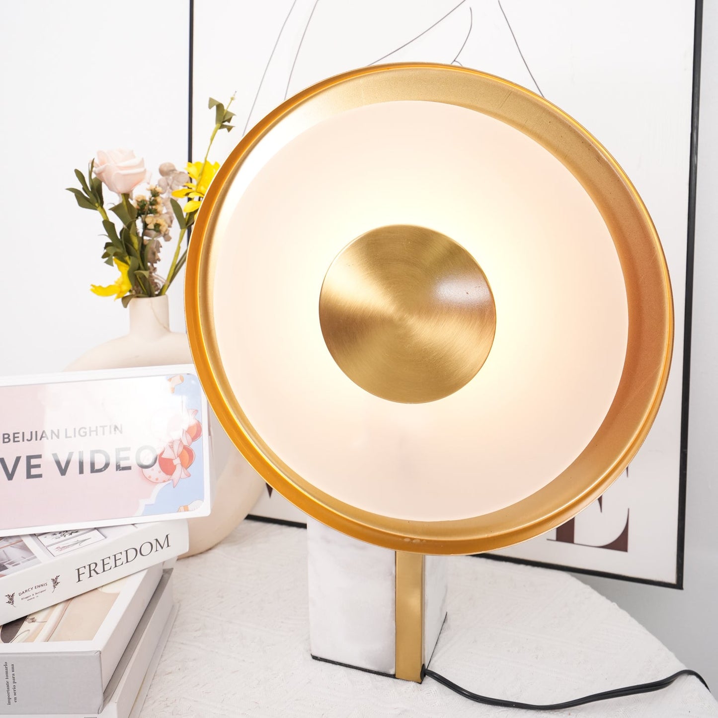 Roche Bobois Table Lamp | White Marble & Gold Finish | 33cm Diameter