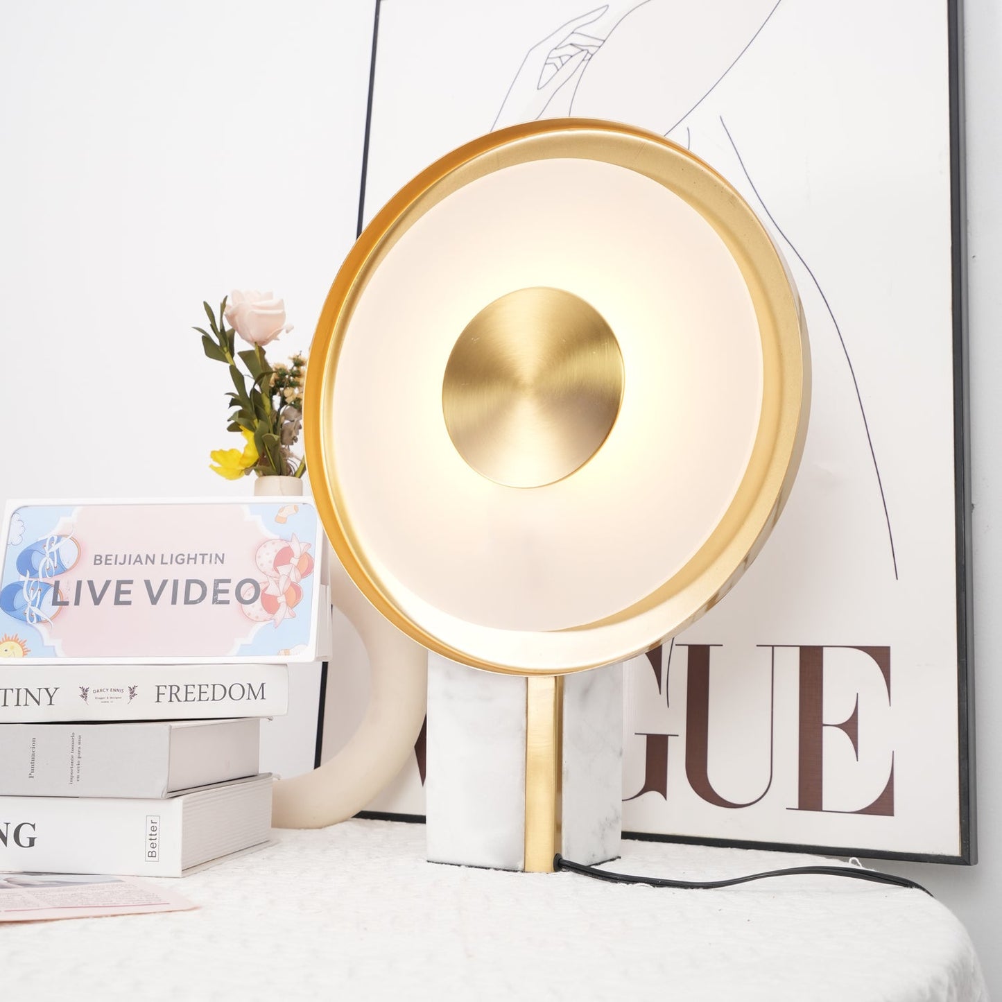 Roche Bobois Table Lamp | White Marble & Gold Finish | 33cm Diameter