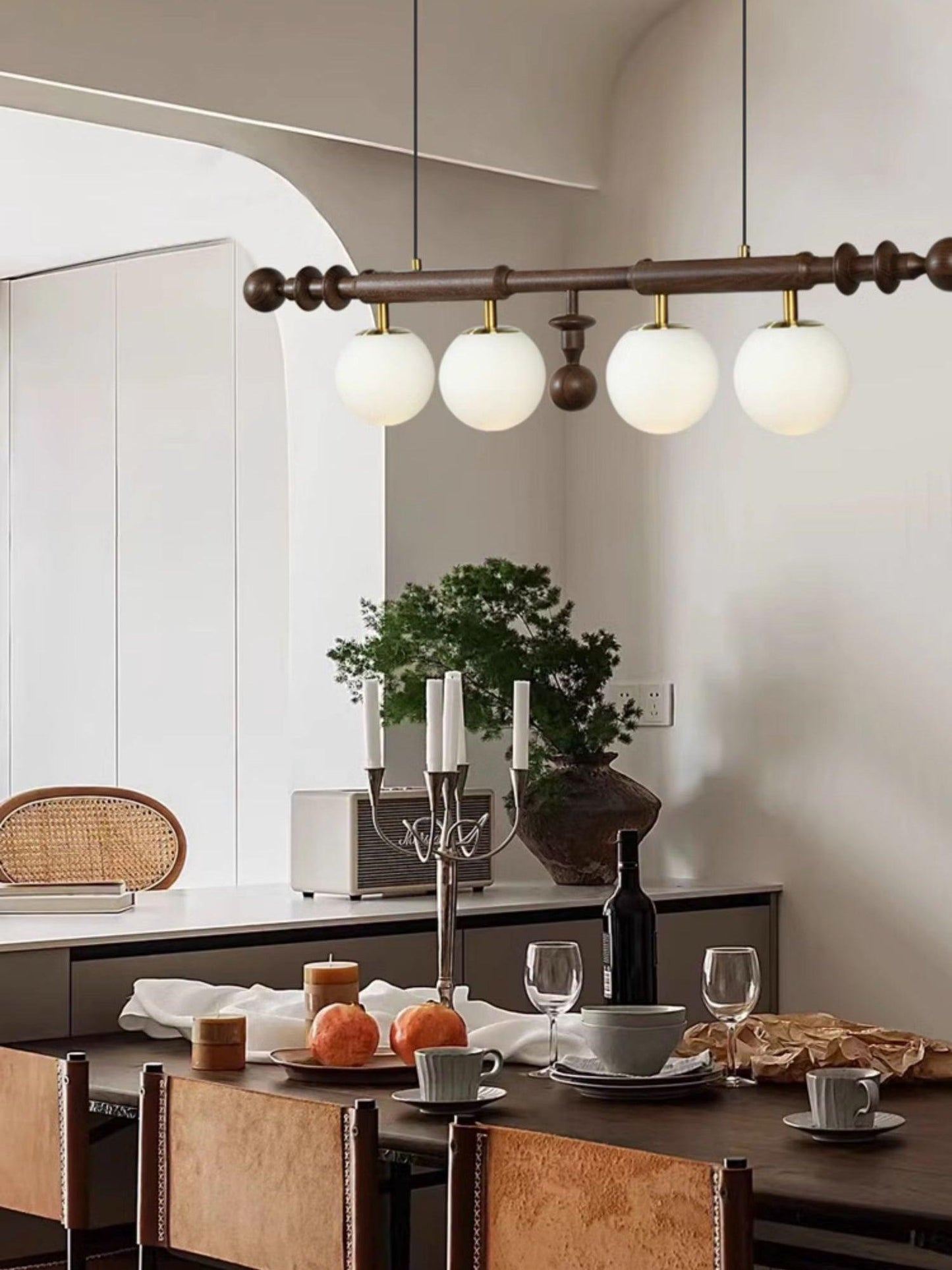 Roman Column Chandelier | Walnut & Glass | Retro Indoor Lighting