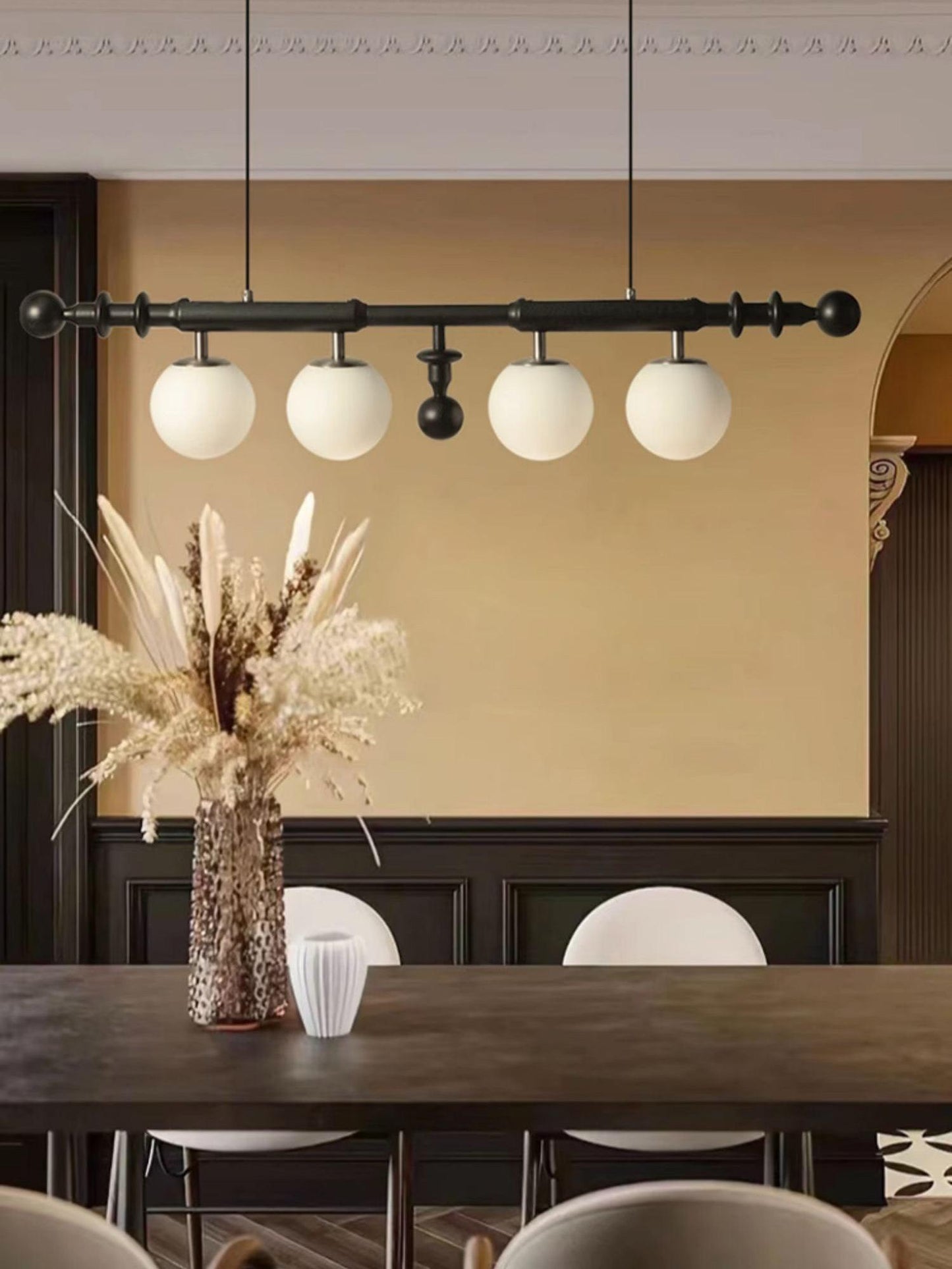 Roman Column Chandelier | Walnut & Glass | Retro Indoor Lighting