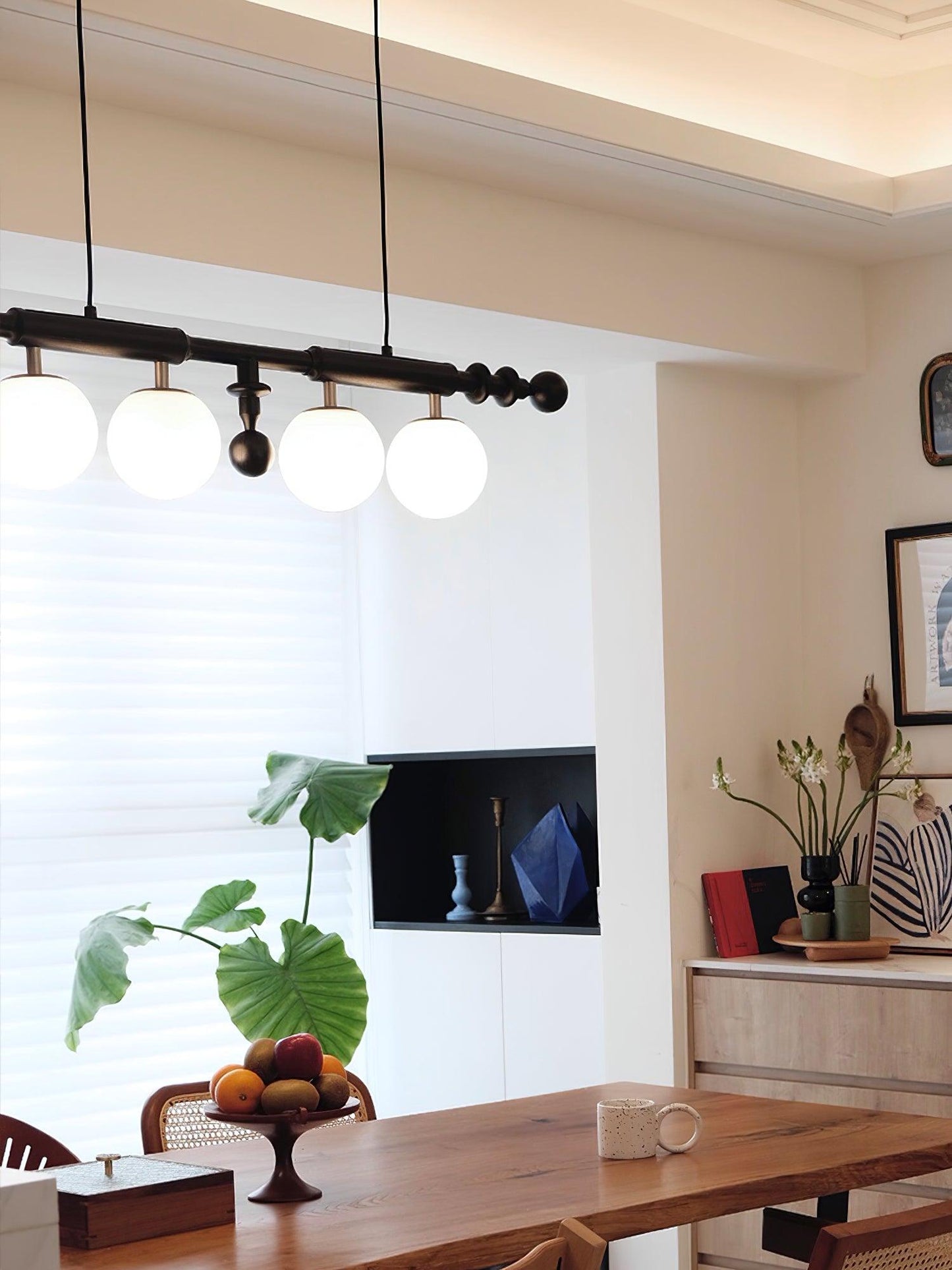 Roman Column Chandelier | Walnut & Glass | Retro Indoor Lighting