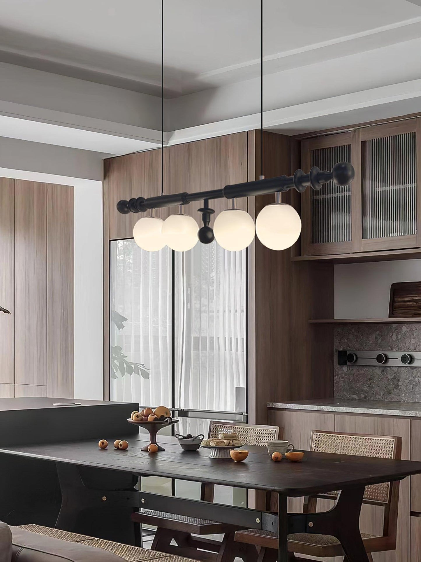 Roman Column Chandelier | Walnut & Glass | Retro Indoor Lighting