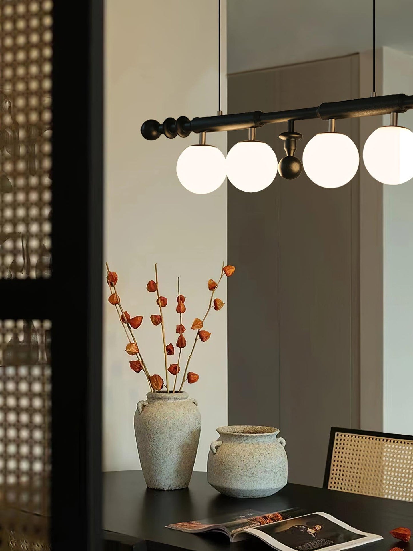 Roman Column Chandelier | Walnut & Glass | Retro Indoor Lighting