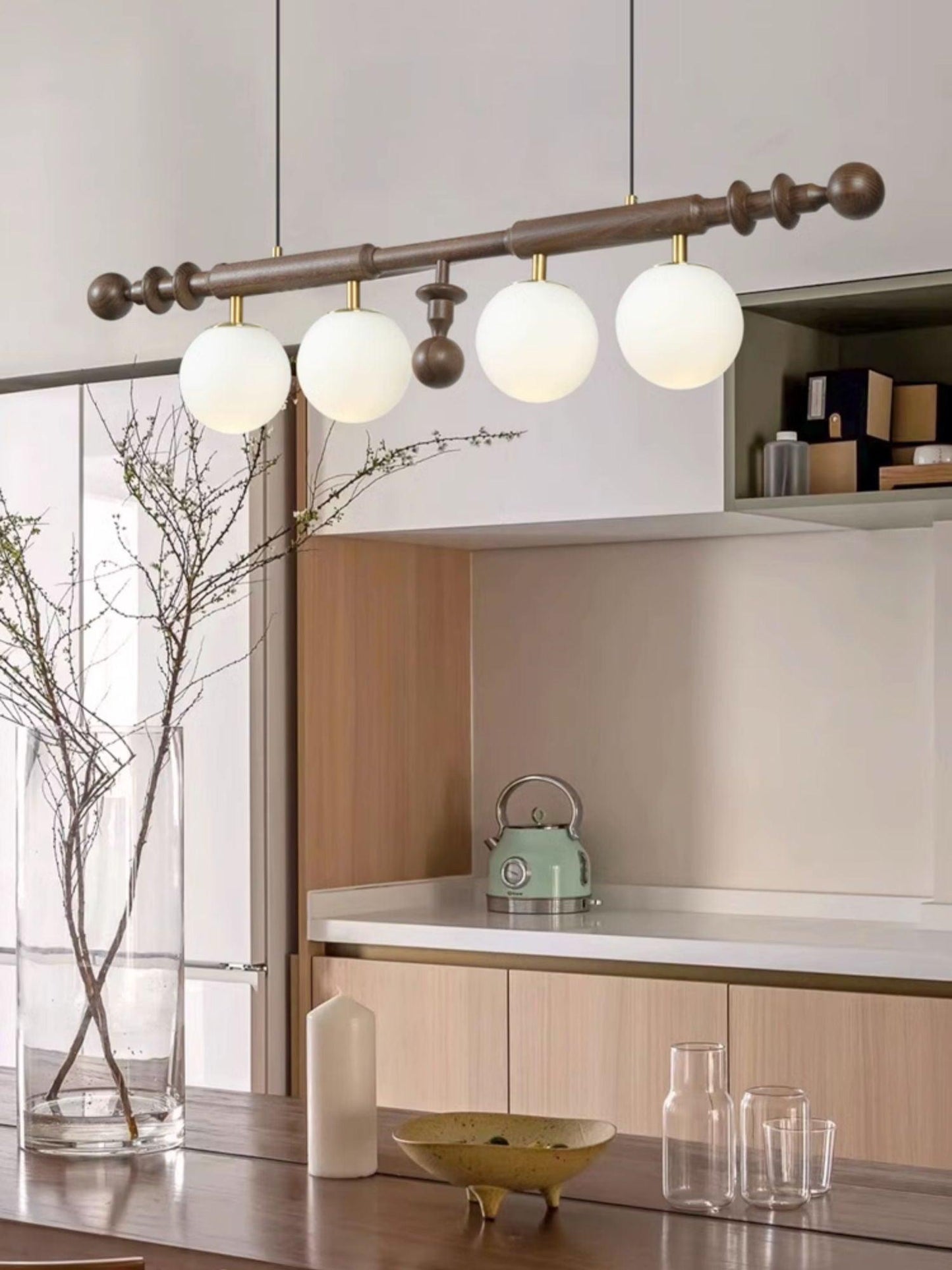 Roman Column Chandelier | Walnut & Glass | Retro Indoor Lighting