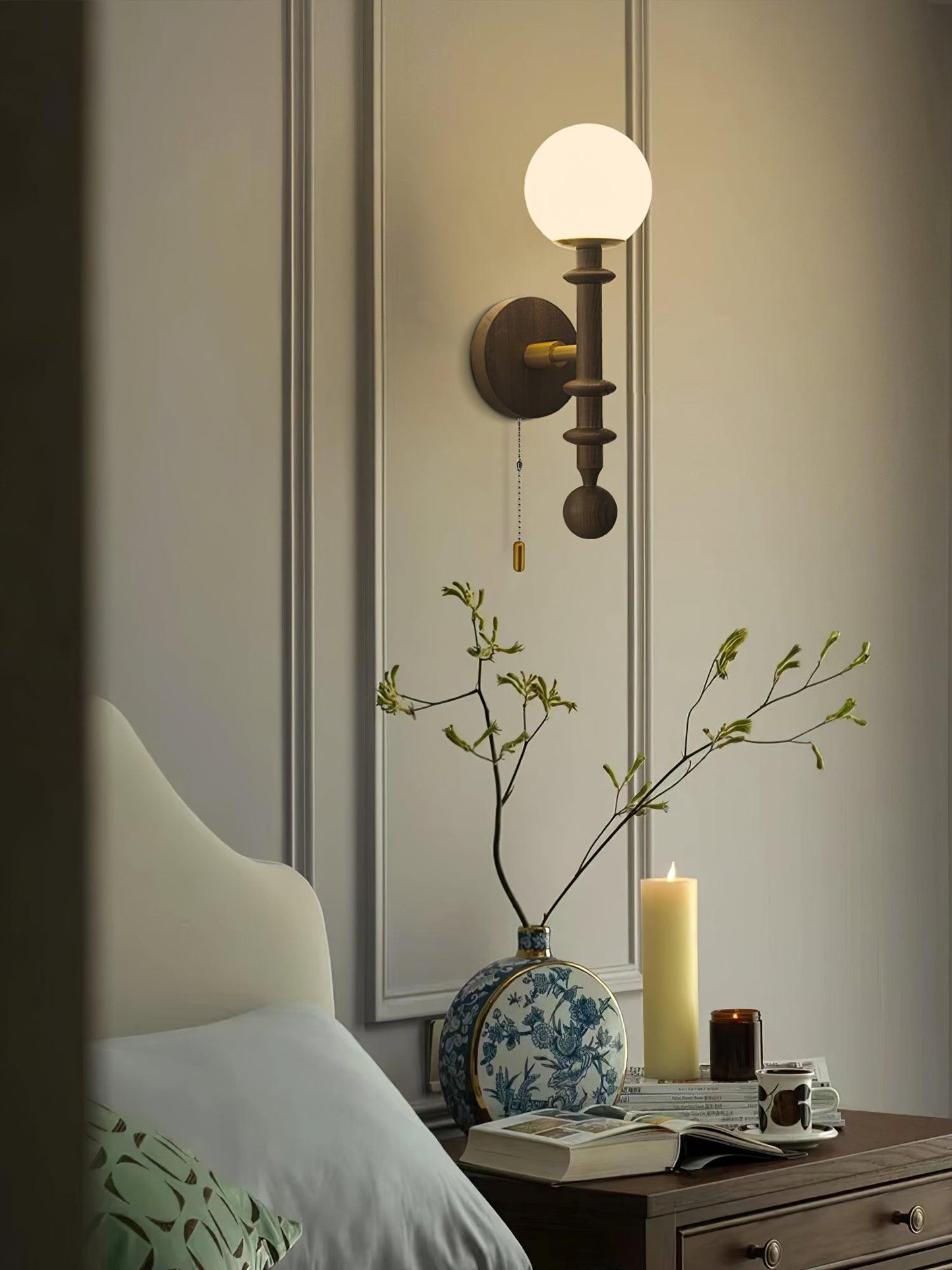 Roman Column Wall Lamp | Walnut Wood & Glass | Set of 2
