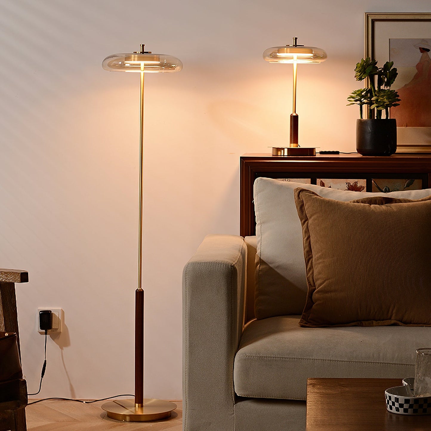 Ronaldo Floor Lamp | Walnut Wood & Brass | 128cm Height