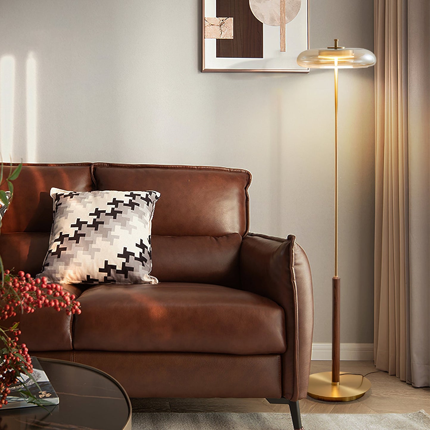 Ronaldo Floor Lamp | Walnut Wood & Brass | 128cm Height