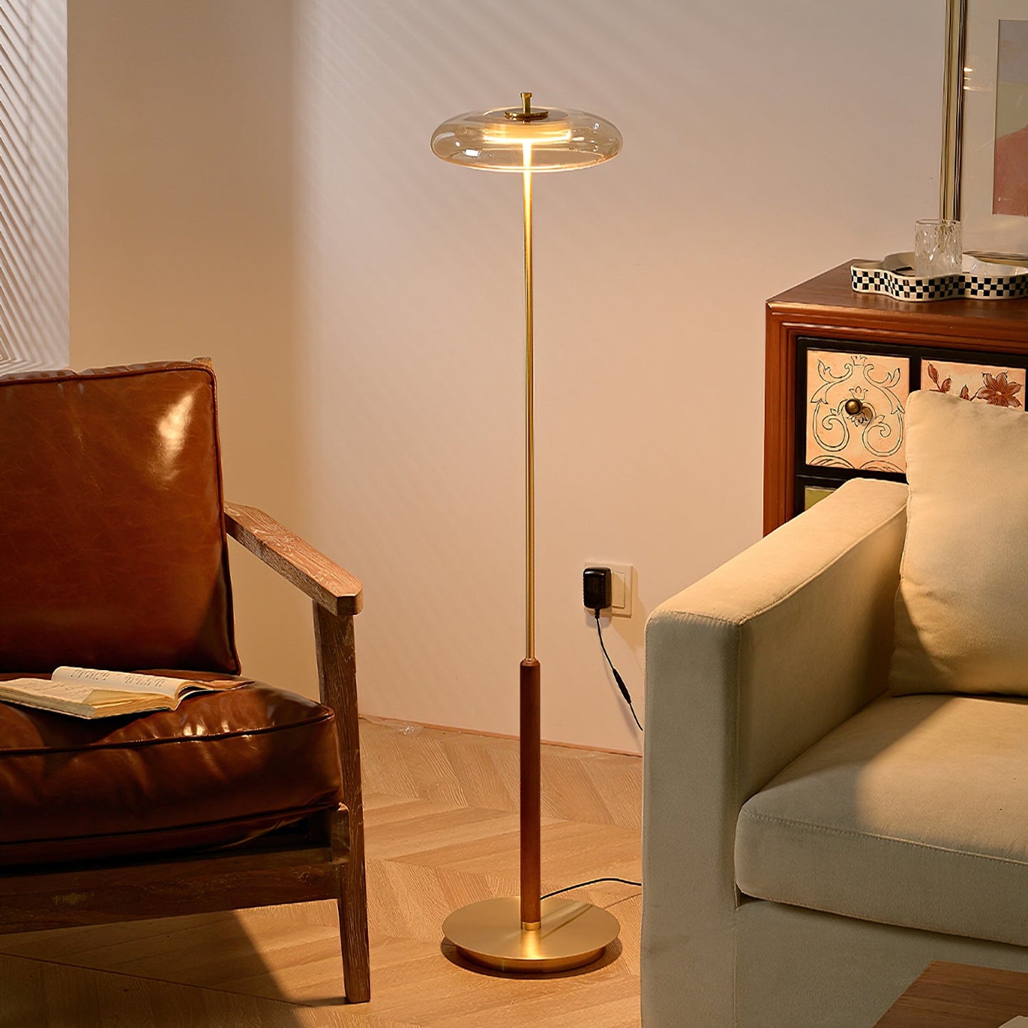 Ronaldo Floor Lamp | Walnut Wood & Brass | 128cm Height