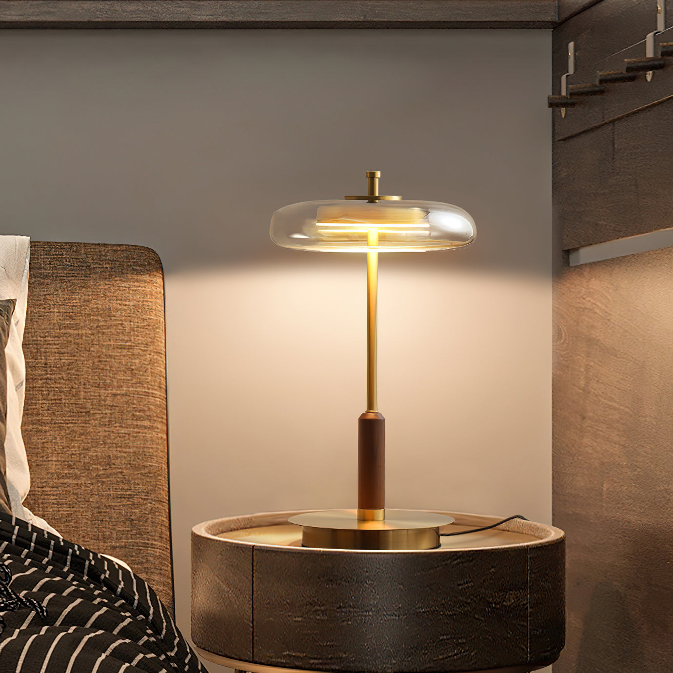 Ronaldo Table Lamp | Walnut Wood & Polished Brass | Clear Glass Shade