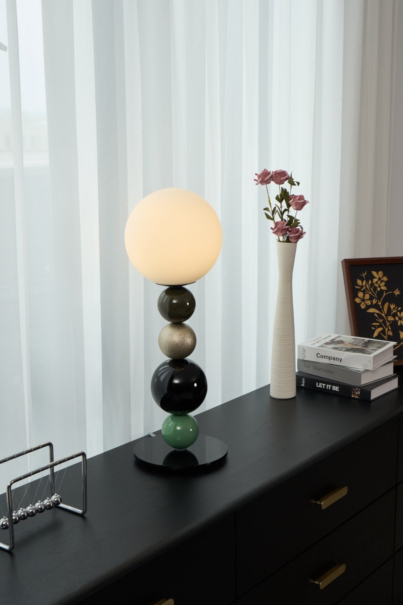 Round Balls Stacking Table Lamp | Metal & Glass | Green and Black