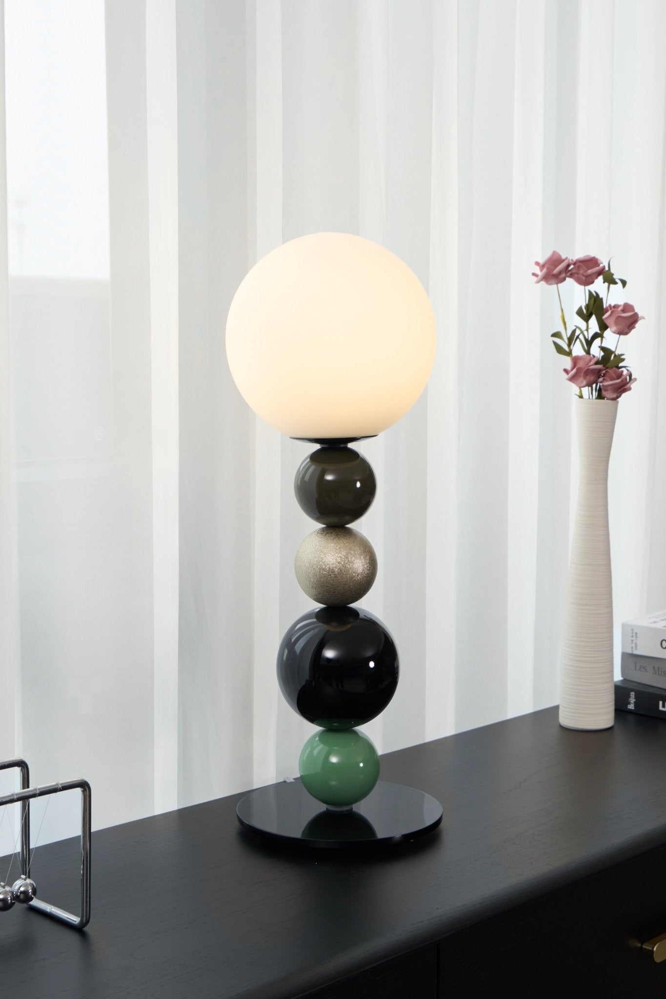 Round Balls Stacking Table Lamp | Metal & Glass | Green and Black