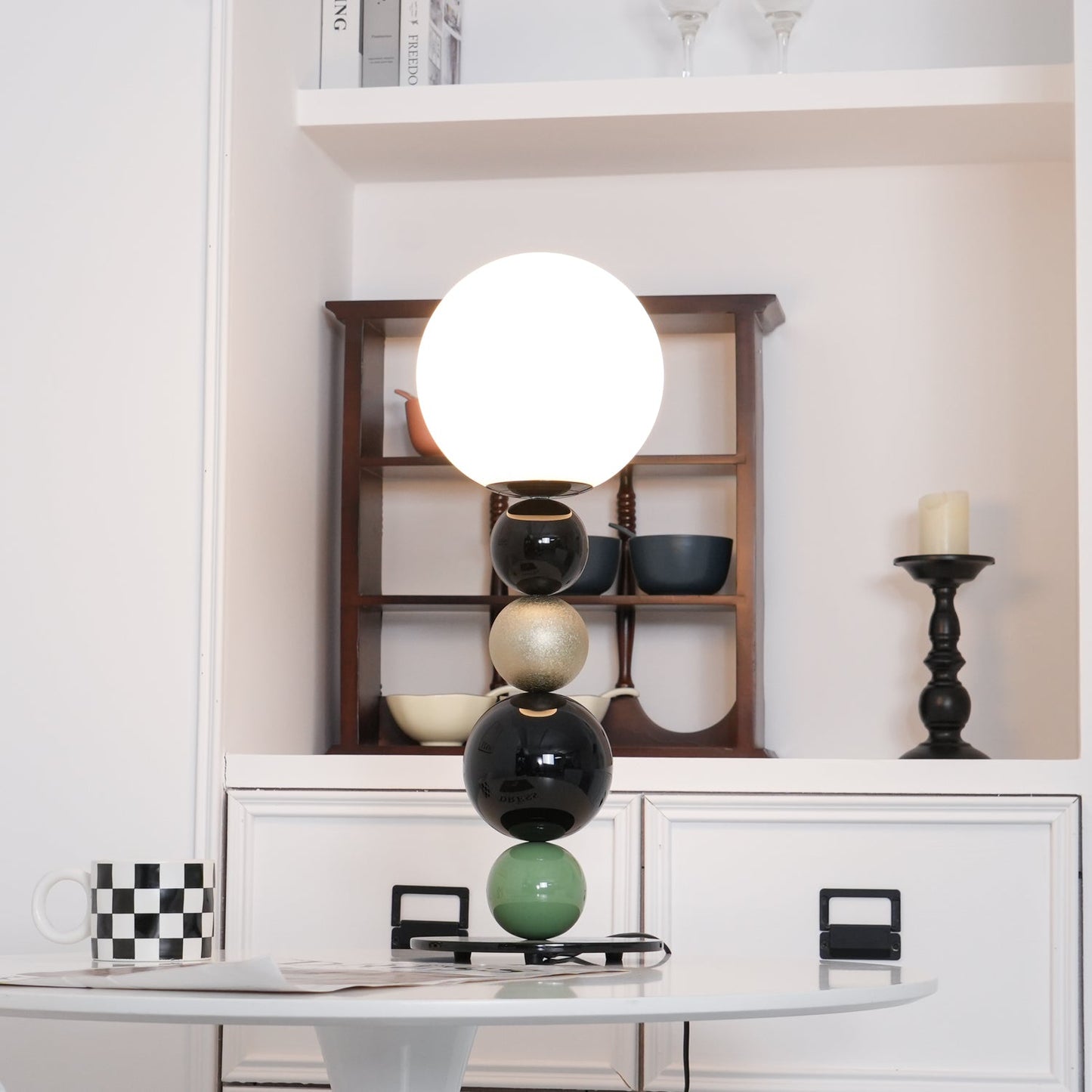 Round Balls Stacking Table Lamp | Metal & Glass | Green and Black
