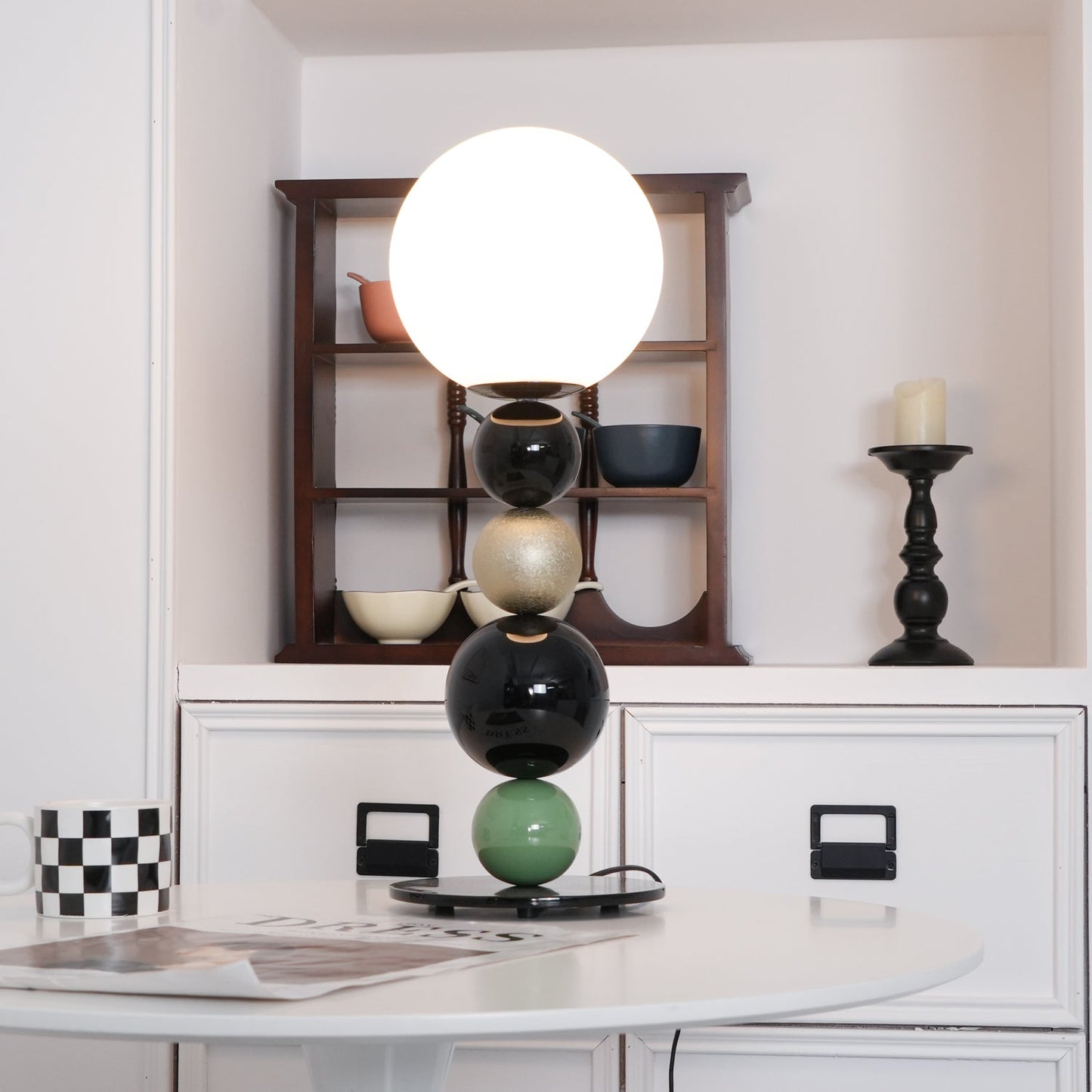 Round Balls Stacking Table Lamp | Metal & Glass | Green and Black