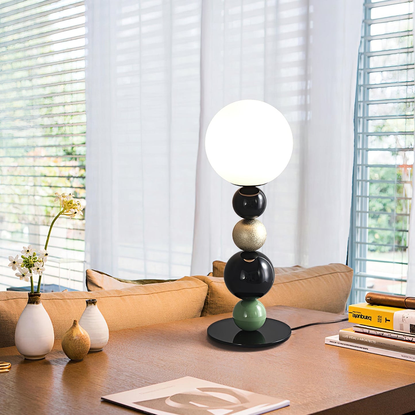 Round Balls Stacking Table Lamp | Metal & Glass | Green and Black