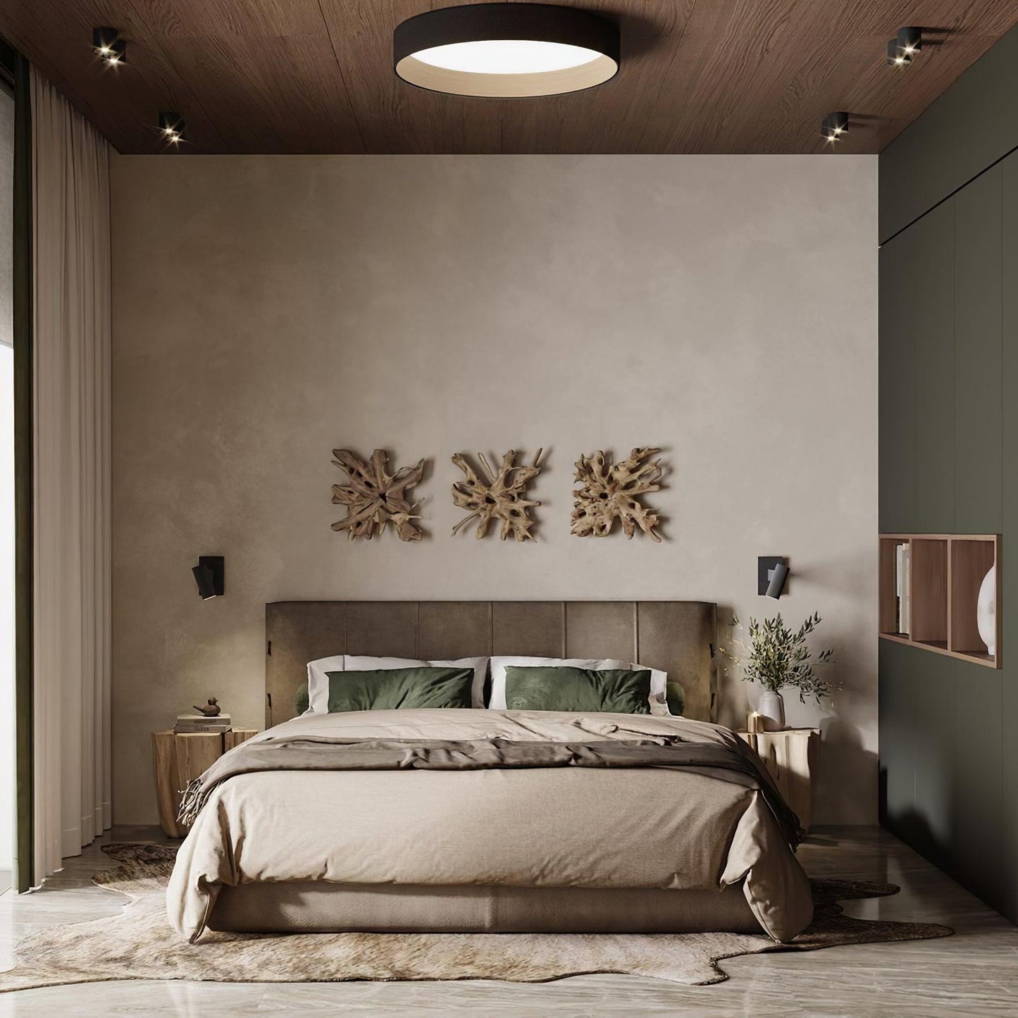 Round Ceiling Lamp | Oak Wood & Aluminum | 46cm Diameter