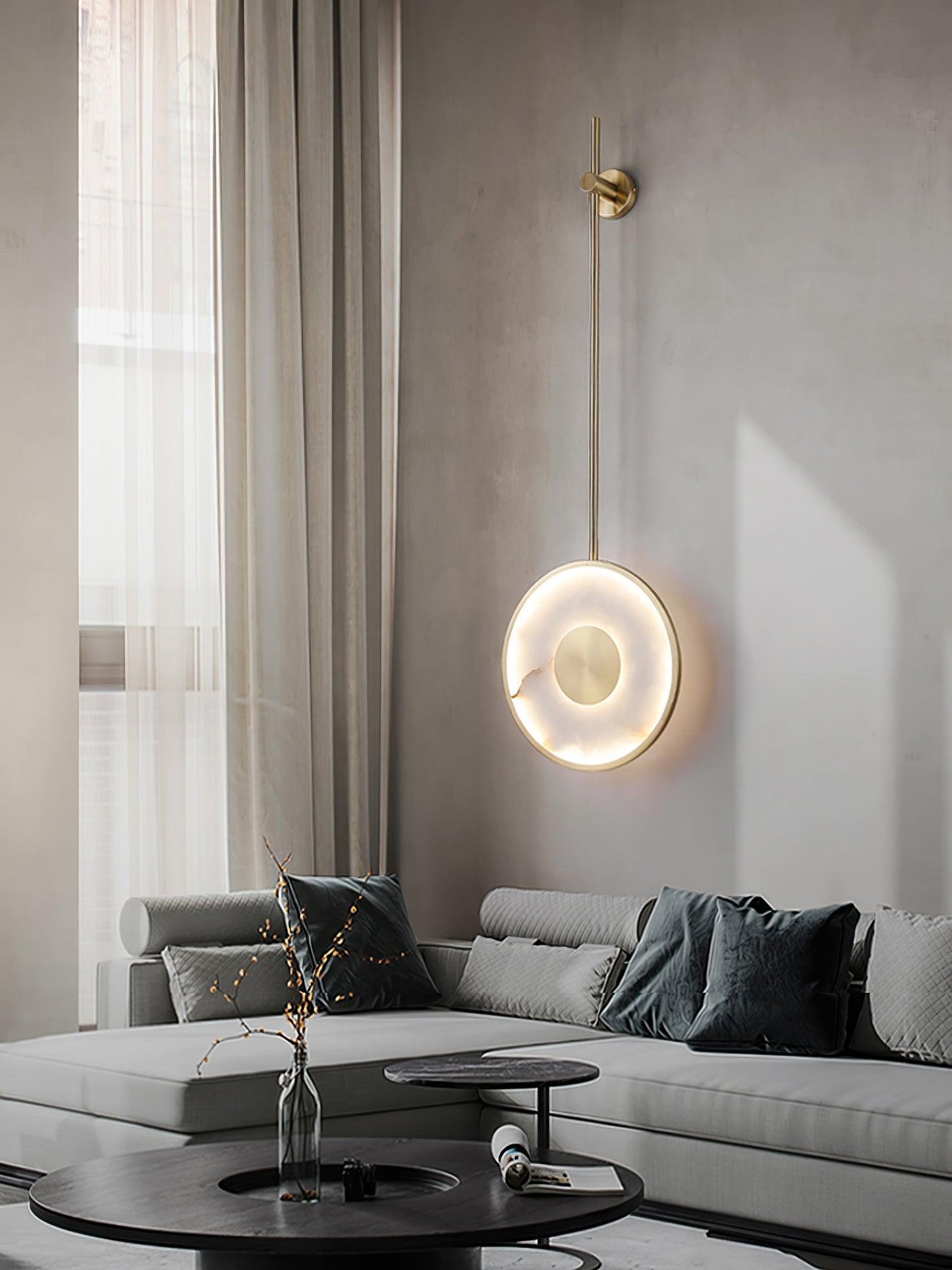 Round Wall Lamp | Hand-Carved Alabaster & Brass | Set of 2